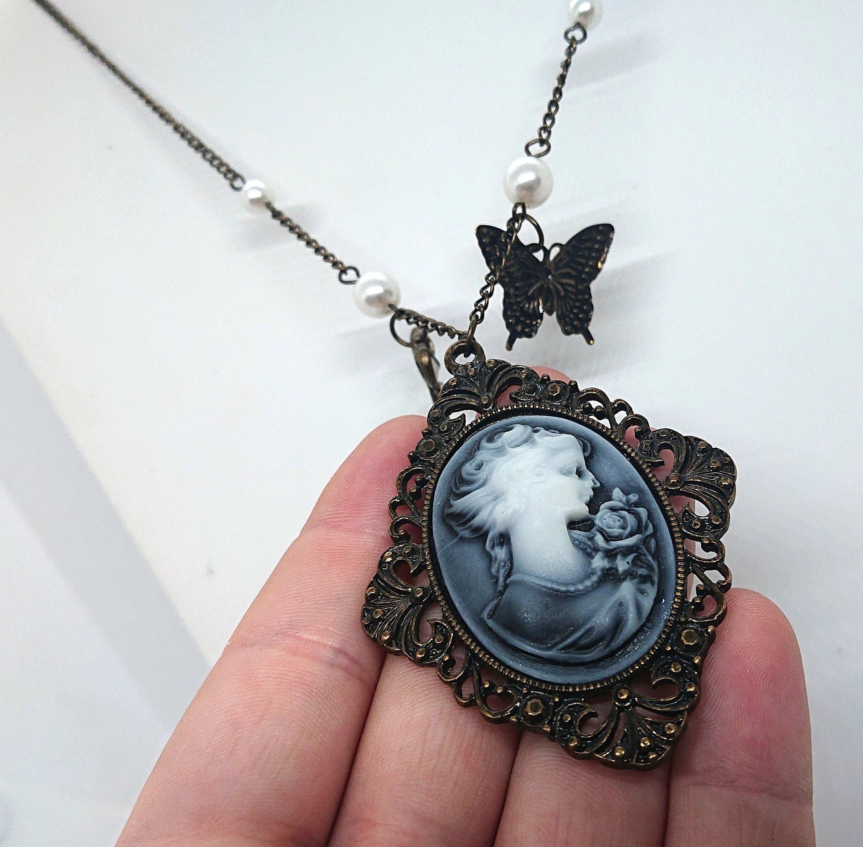 Vintage Pendant Necklace Bronze Butterfly Cameo Faux Pearl Necklace Shabby Chic Art Nouveau Style