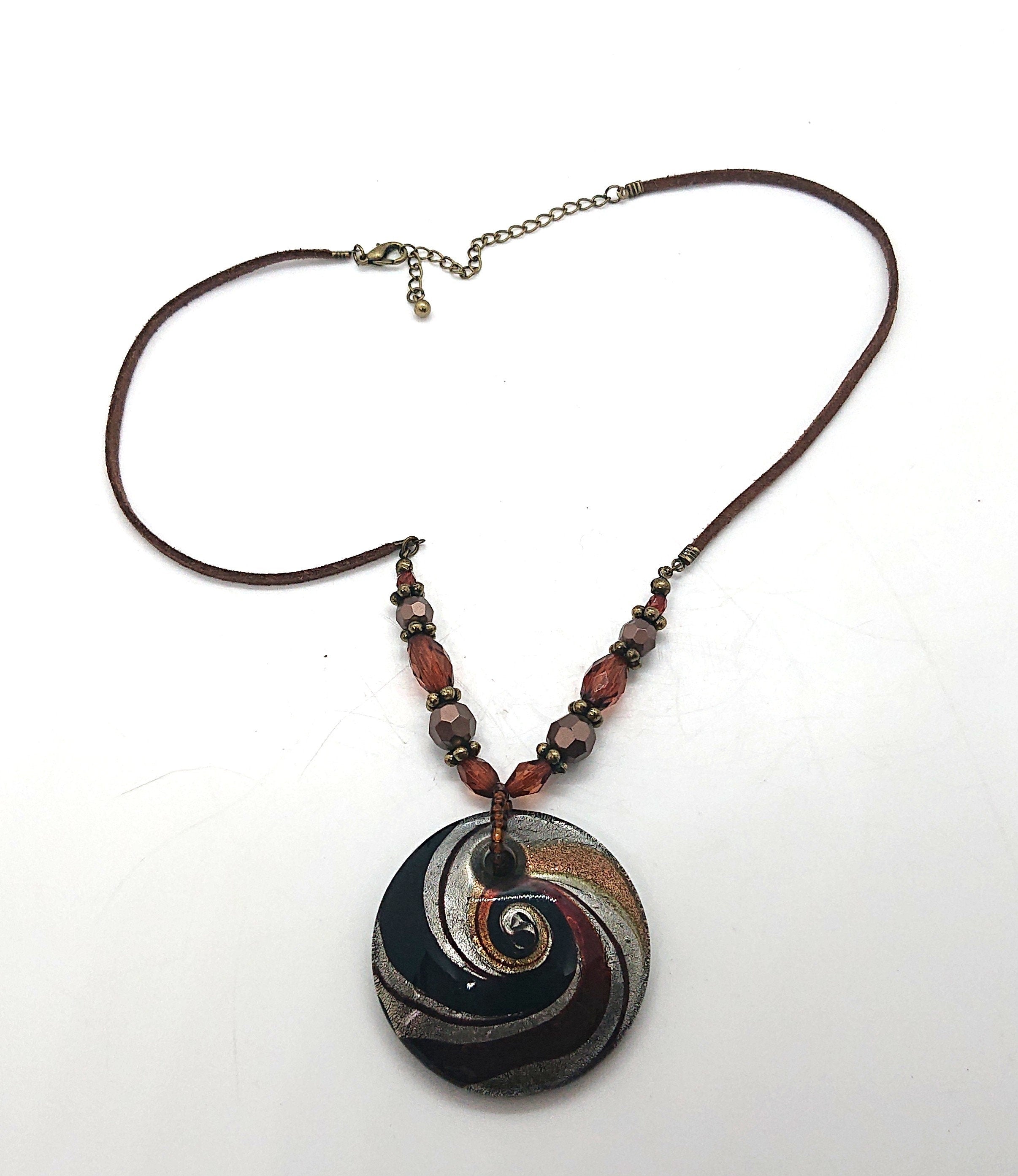 Vintage Boho Glass Pendant Necklace, Bronze Silver Gold Foil, 12 inch