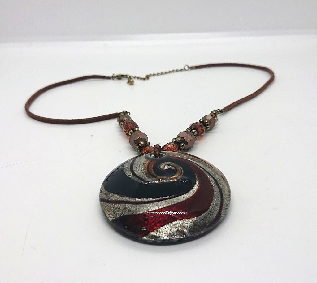 Vintage Boho Glass Pendant Necklace, Bronze Silver Gold Foil, 12 inch