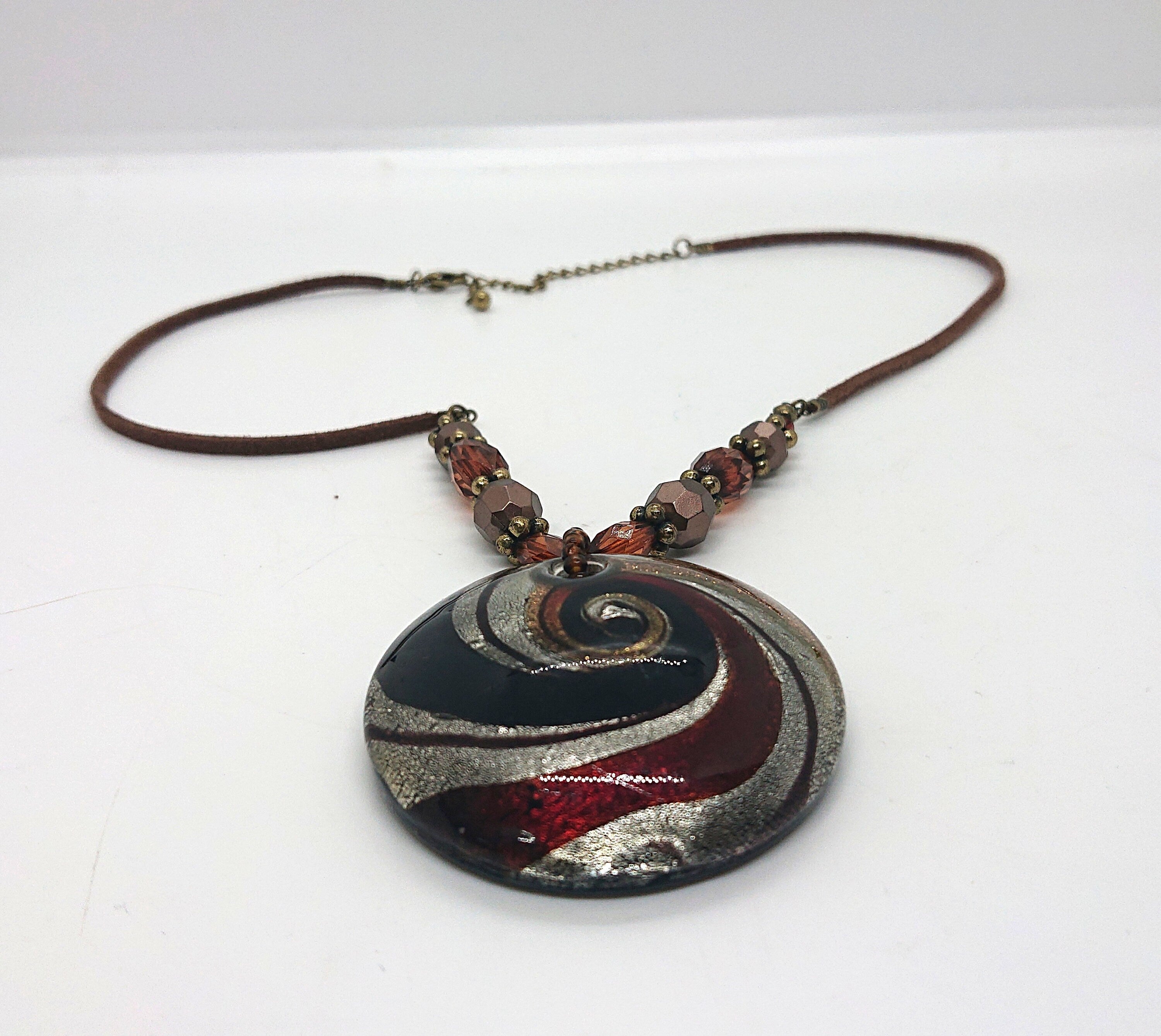 Vintage Boho Glass Pendant Necklace, Bronze Silver Gold Foil, 12 inch