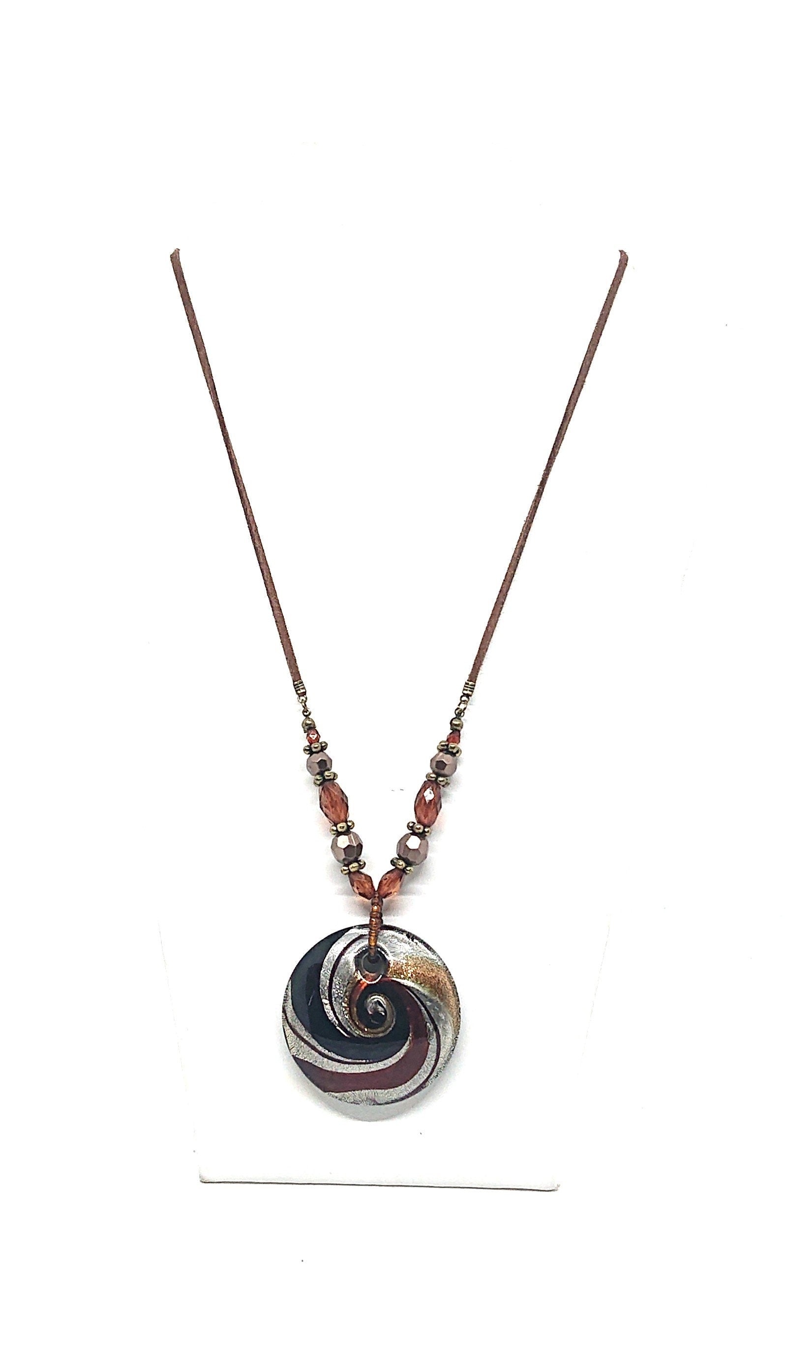 Vintage Boho Glass Pendant Necklace, Bronze Silver Gold Foil, 12 inch