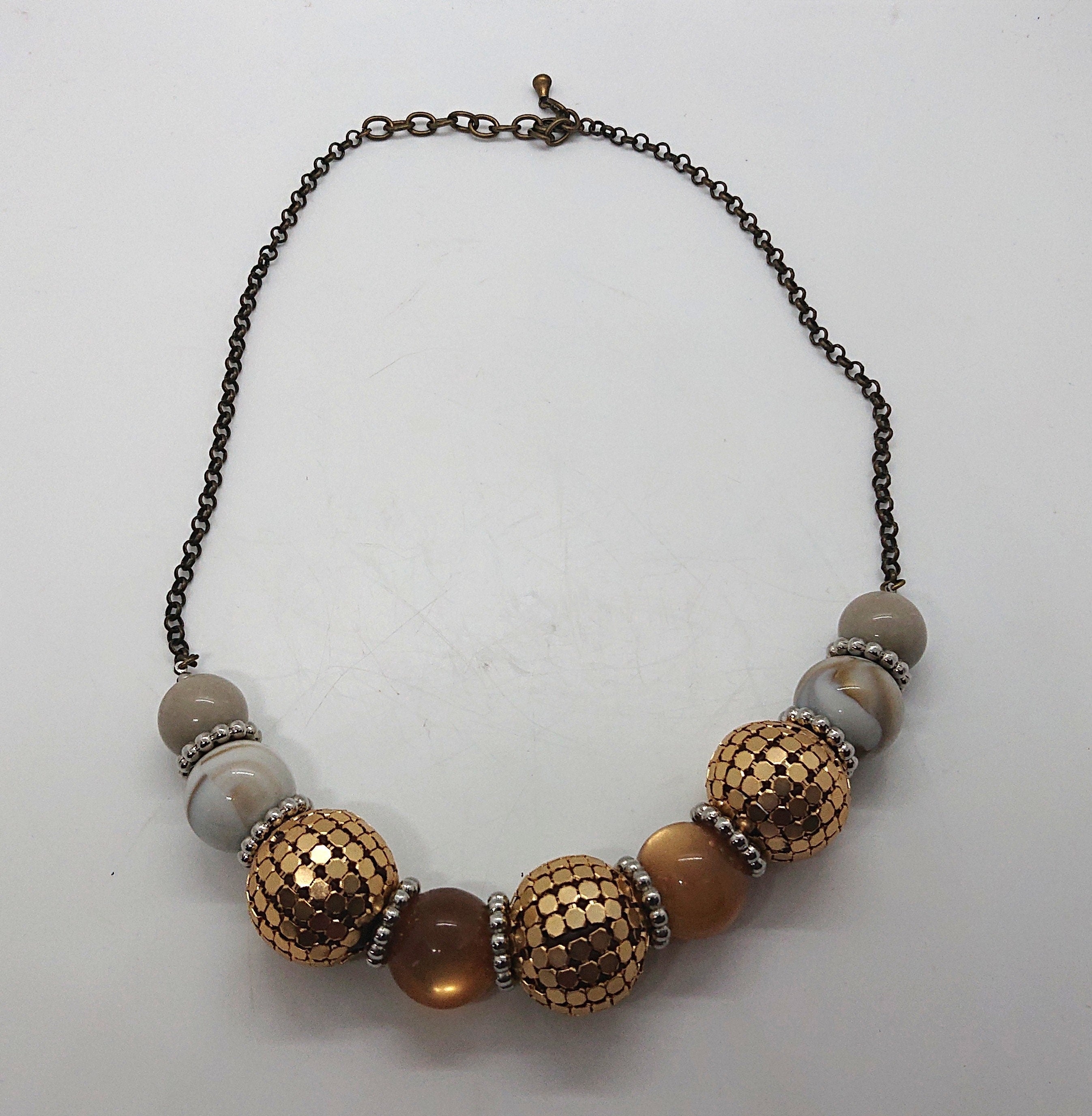Vintage Gold Chunky Beaded Necklace Costume Jewellery Jewelry Cream, Copper Lucite Round Beads