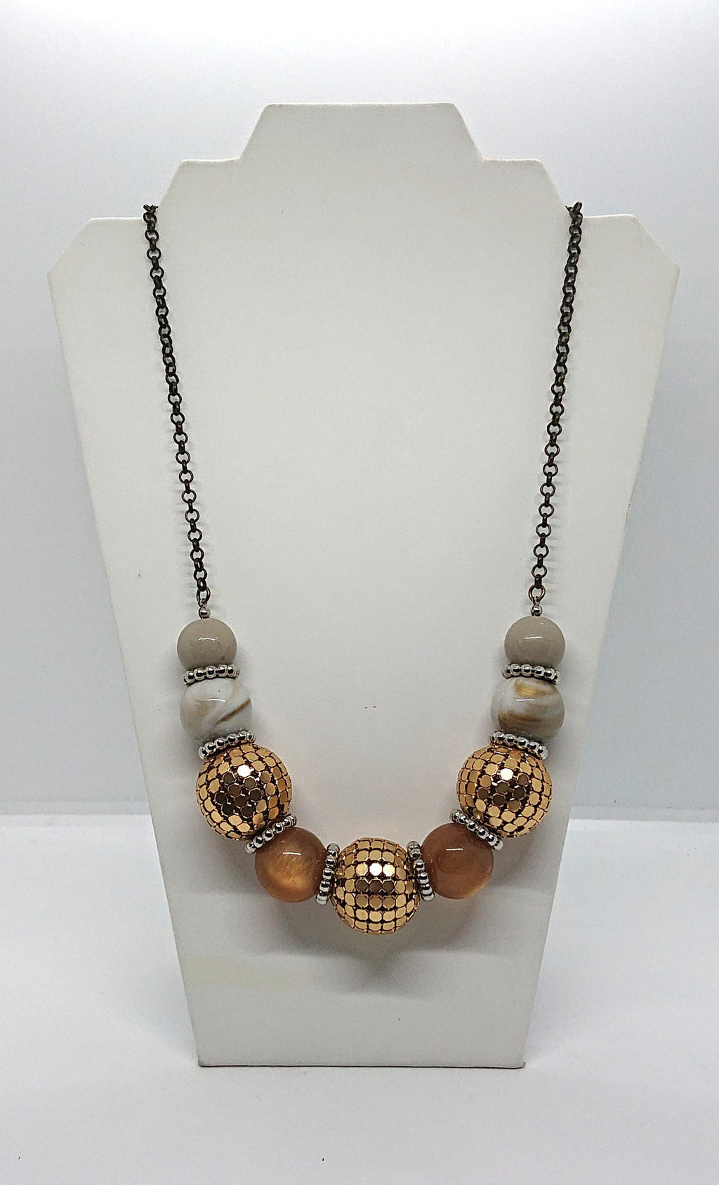 Vintage Gold Chunky Beaded Necklace Costume Jewellery Jewelry Cream, Copper Lucite Round Beads