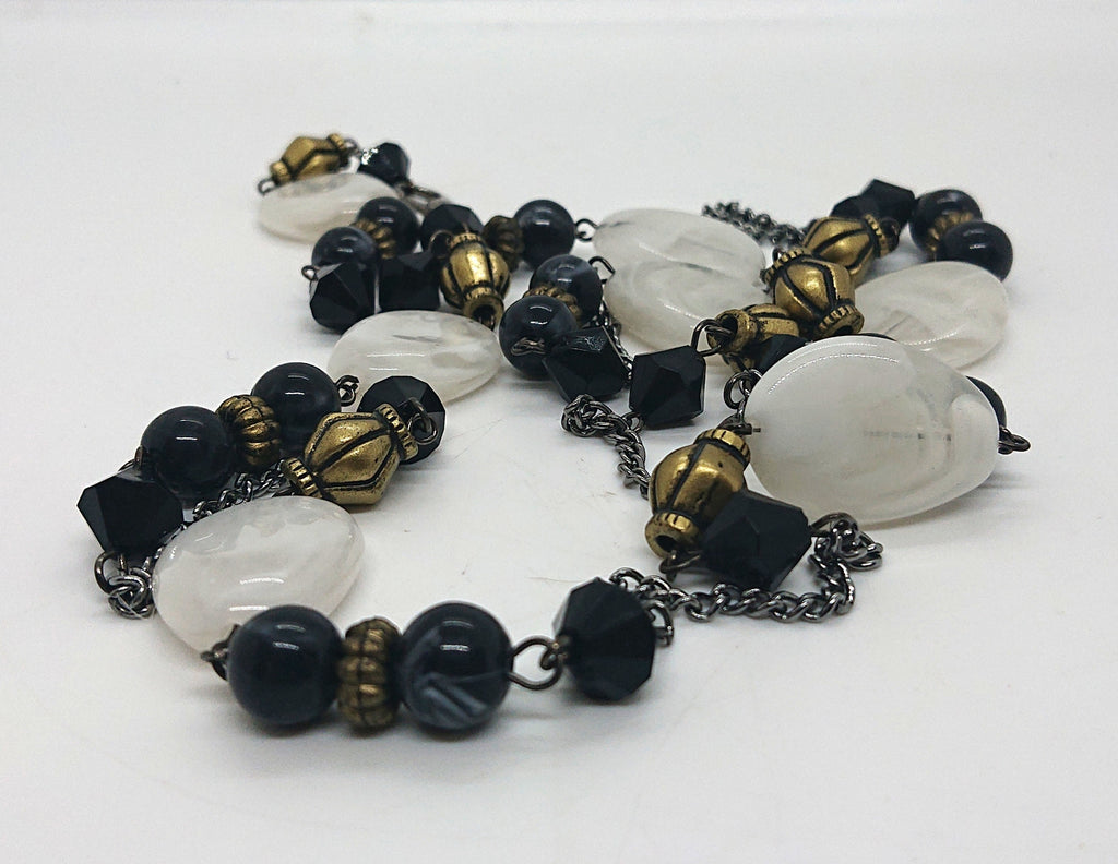 Vintage Lucite Beaded Necklace Art Nouveau Style Black, White and Gold Costume Jewellery Jewelry