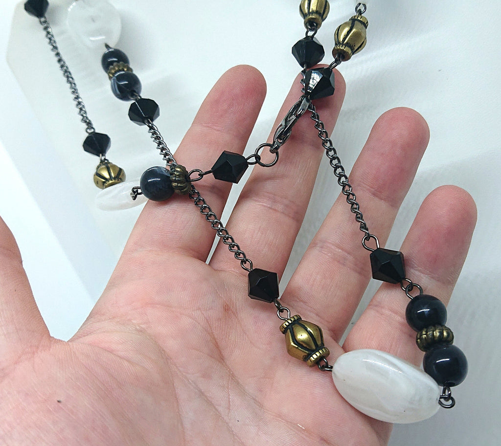 Vintage Lucite Beaded Necklace Art Nouveau Style Black, White and Gold Costume Jewellery Jewelry