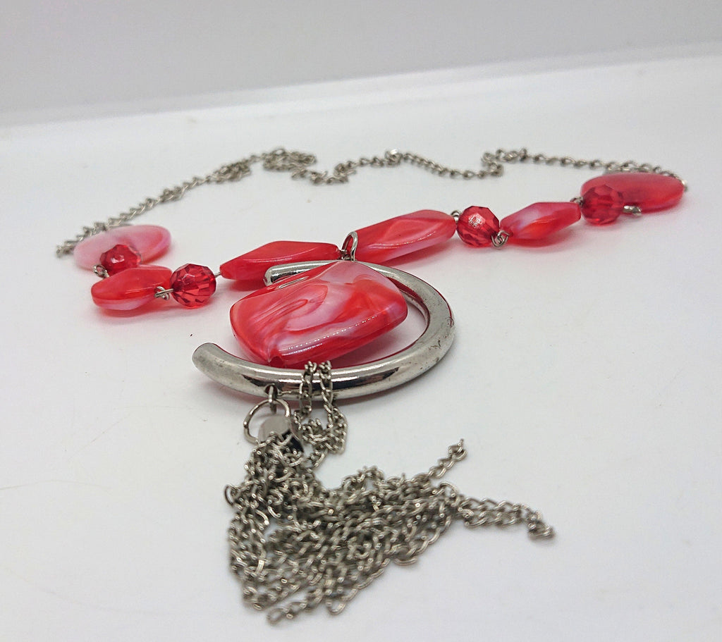 Vintage Red Lucite Pendant Necklace Chunky Silver Tassel Costume Jewellery Jewelry