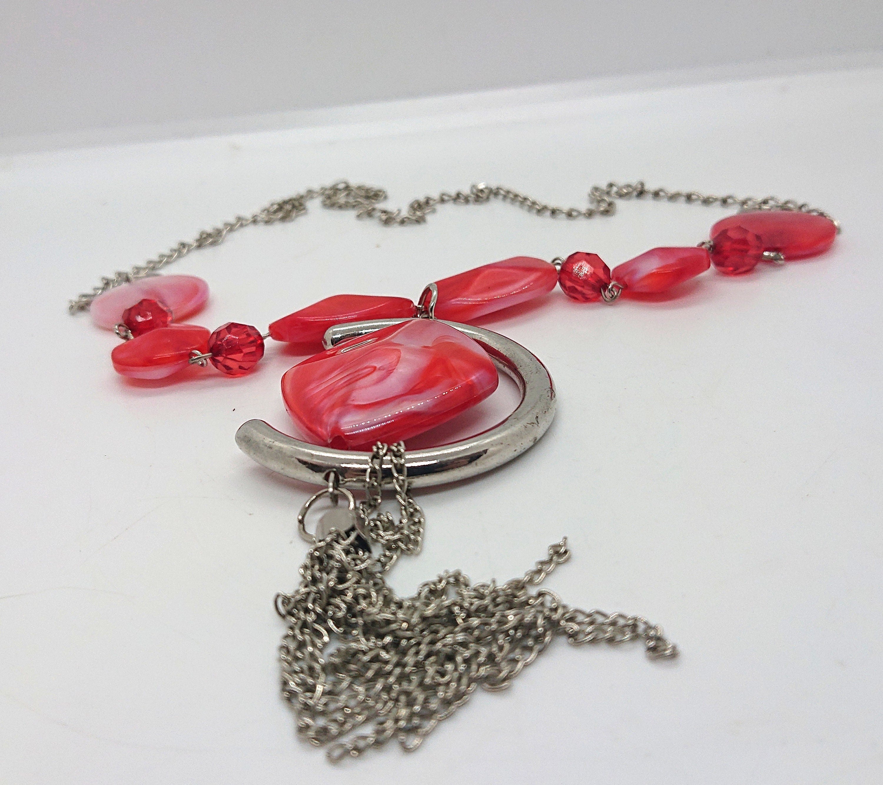 Vintage Red Lucite Pendant Necklace Chunky Silver Tassel Costume Jewellery Jewelry
