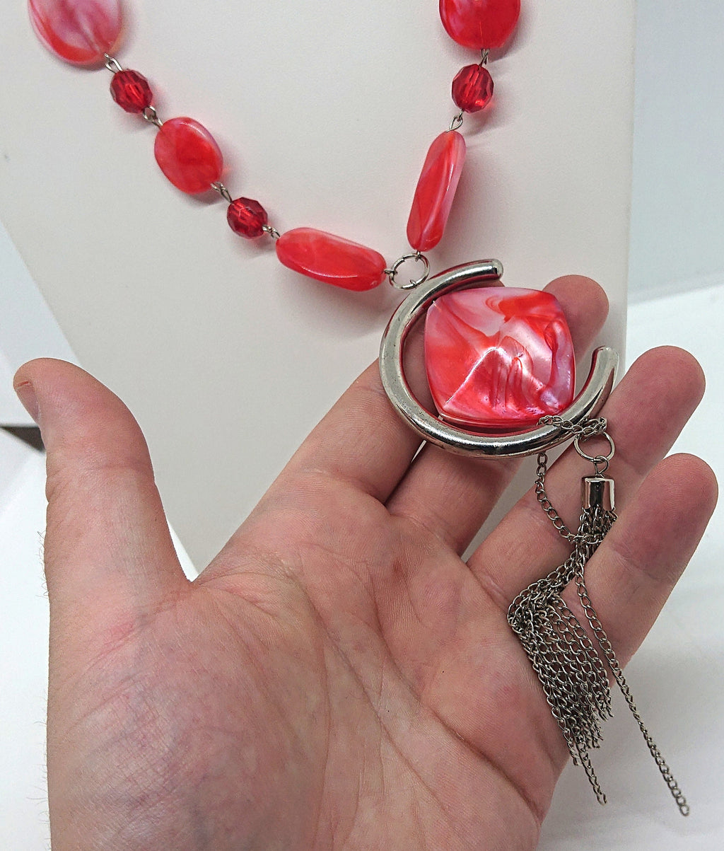 Vintage Red Lucite Pendant Necklace Chunky Silver Tassel Costume Jewellery Jewelry