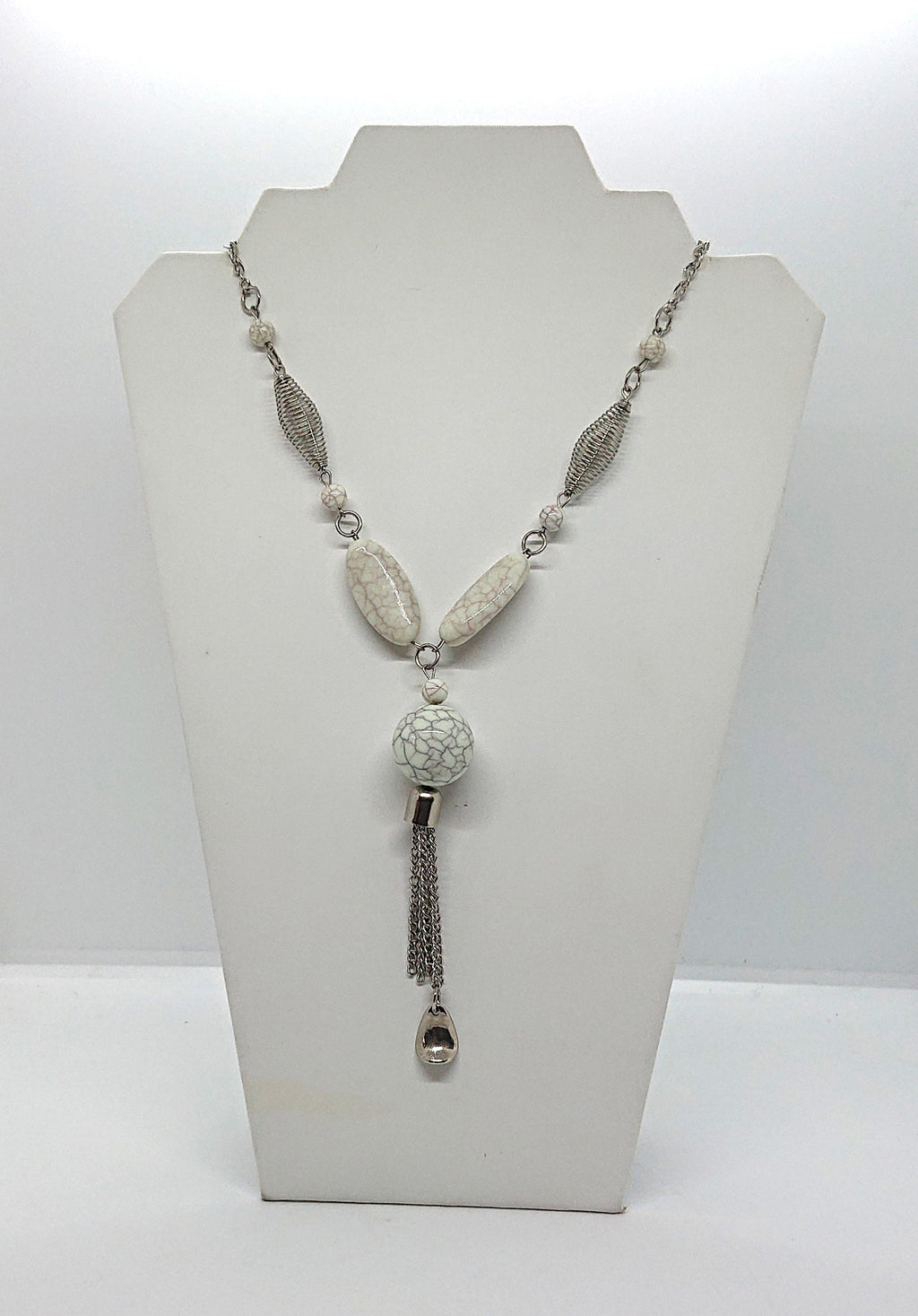 Vintage Tassel Necklace Lucite White Marble and Silver Chain Costume Jewellery Jewelry Necklace