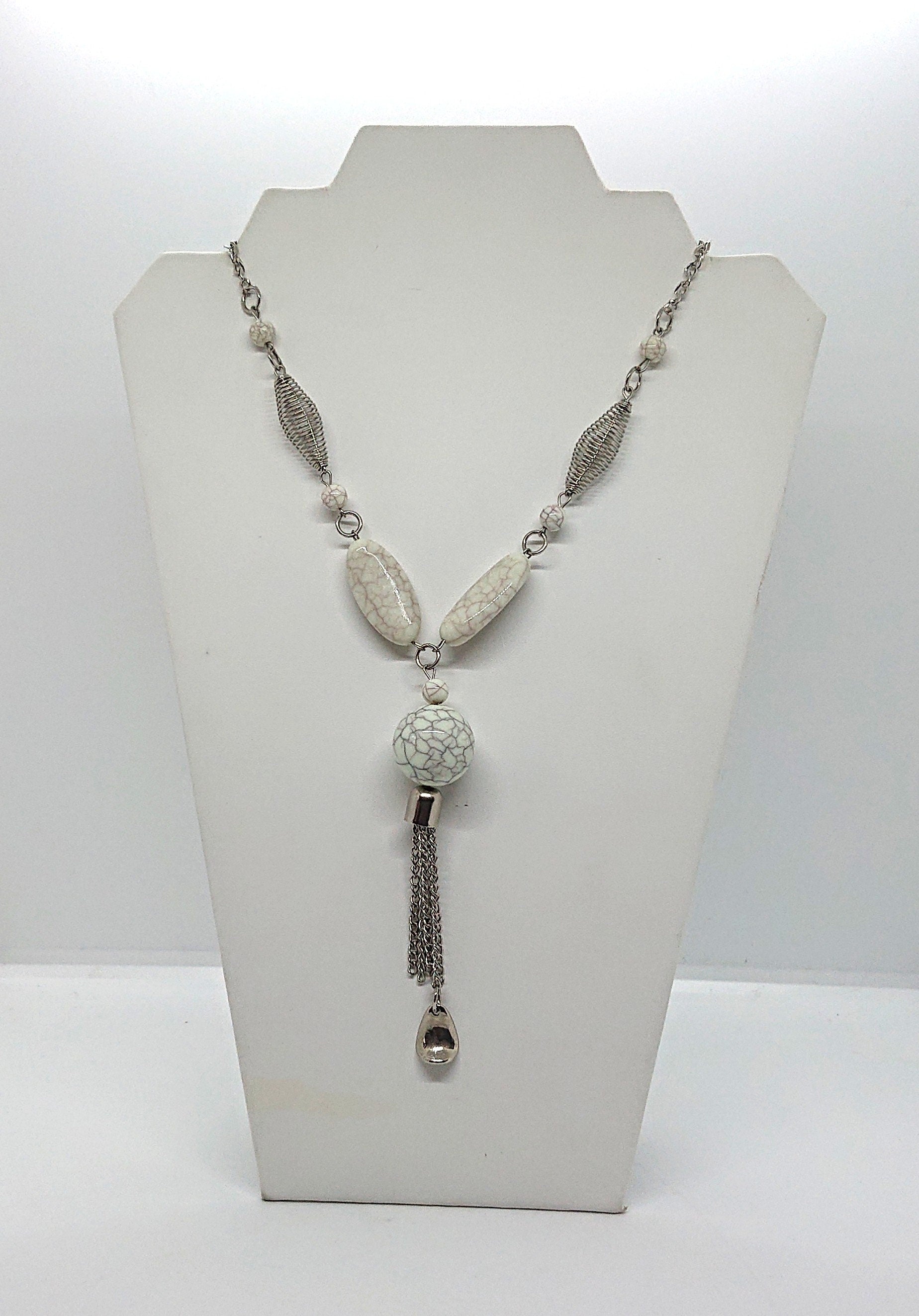 Vintage Tassel Necklace Lucite White Marble and Silver Chain Costume Jewellery Jewelry Necklace