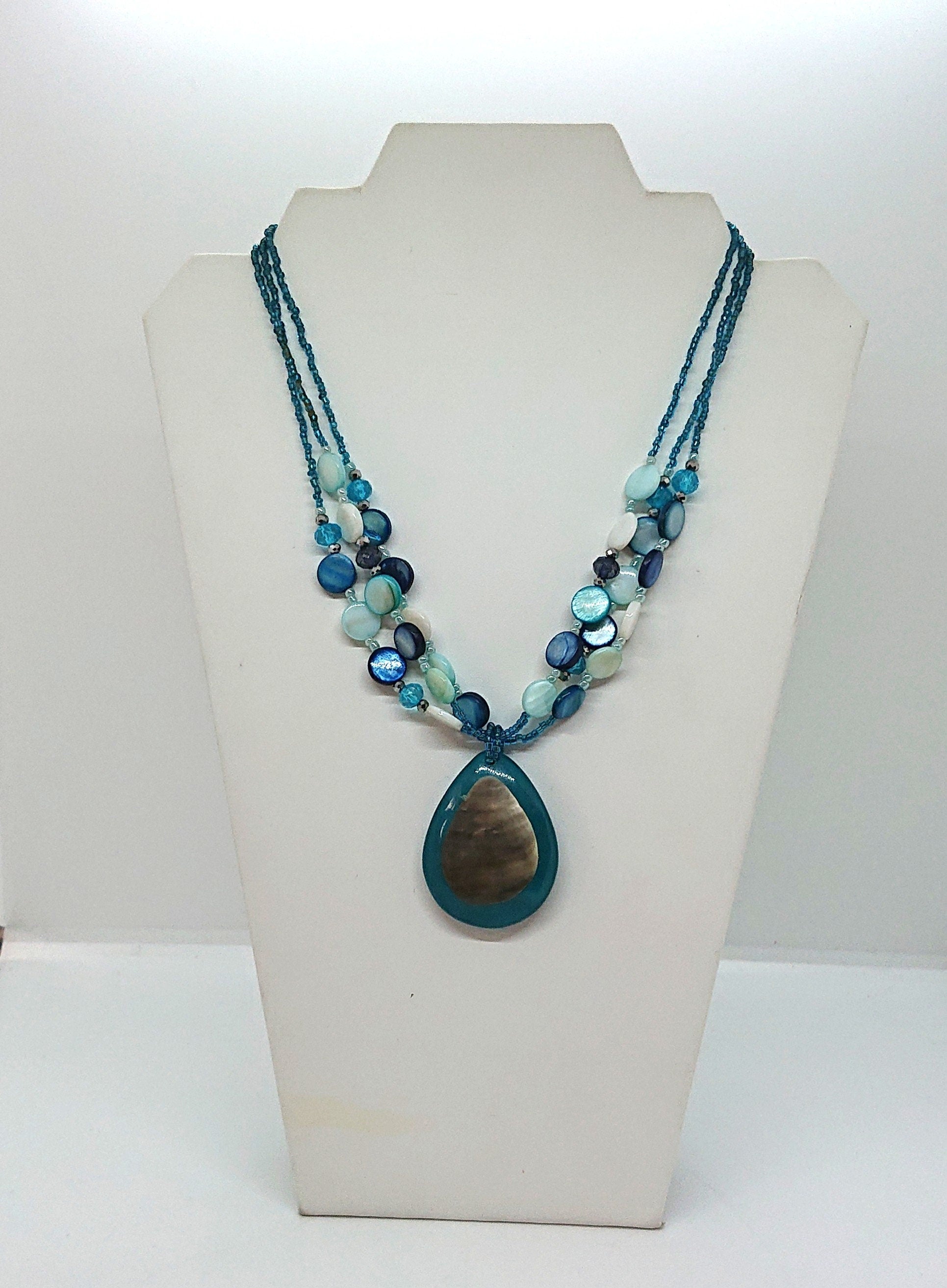 Vintage Blue/Green Pendant Necklace Glass Seed Bead Lucite Pendant M&S Costume Jewellery Jewelry