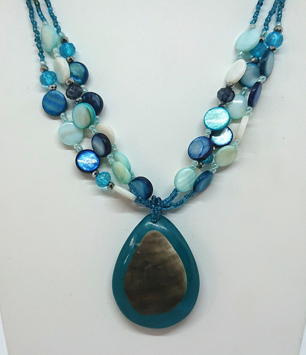 Vintage Blue/Green Pendant Necklace Glass Seed Bead Lucite Pendant M&S Costume Jewellery Jewelry
