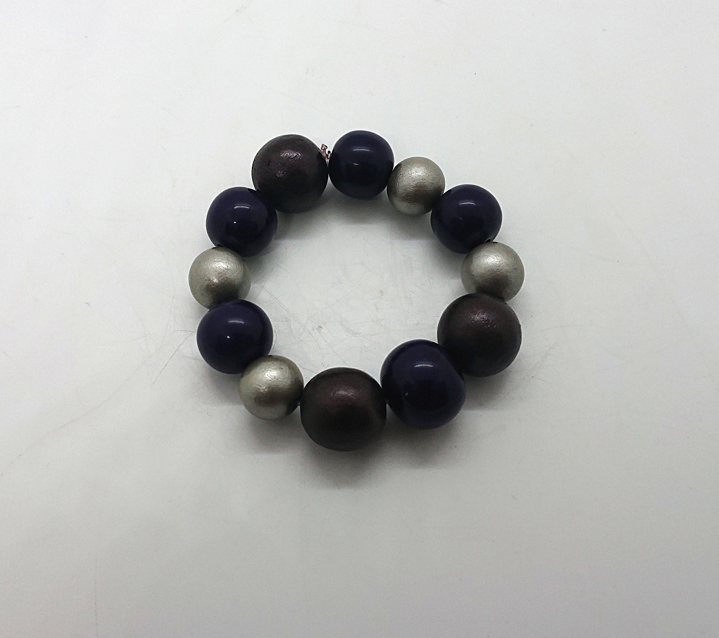 Vintage Wooden Beaded Bracelet Purple and Gold Chunky Bangle Costume Jewellery Jewelry