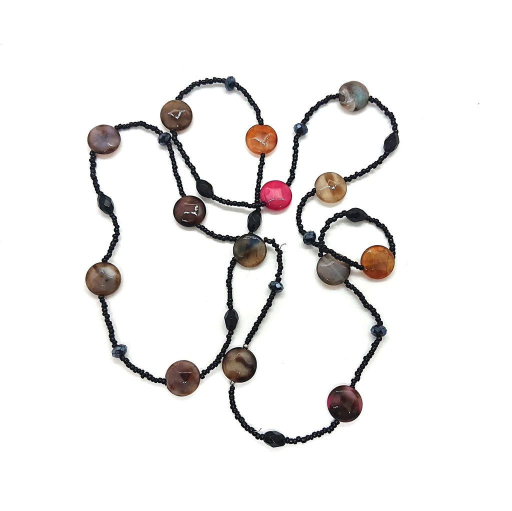 Vintage Pebble Beaded Necklace Long Jet Black A/B Lariat Glass Bead Costume Jewellery Jewelry