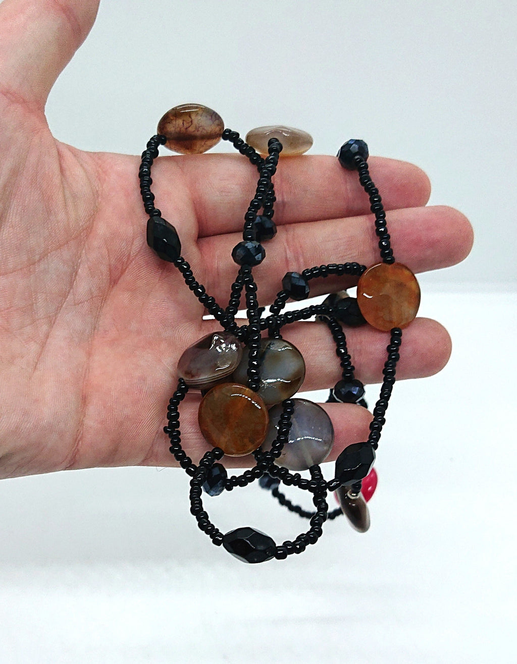 Vintage Pebble Beaded Necklace Long Jet Black A/B Lariat Glass Bead Costume Jewellery Jewelry