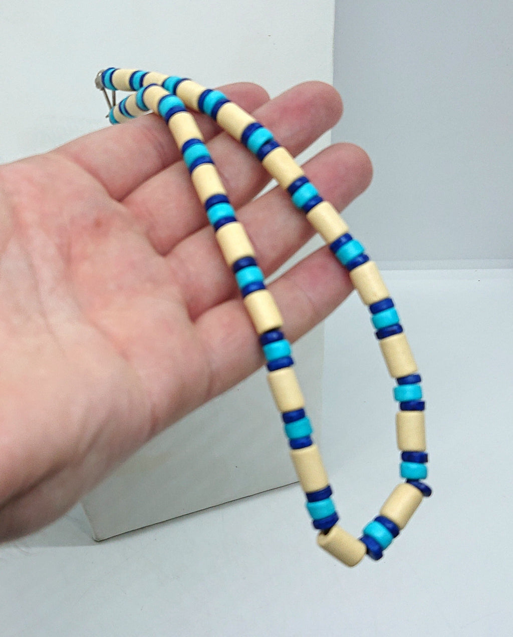 Vintage Ceramic Bead Necklace Retro Blue and White Beach Jewellery Hippie Surfer Jewelry