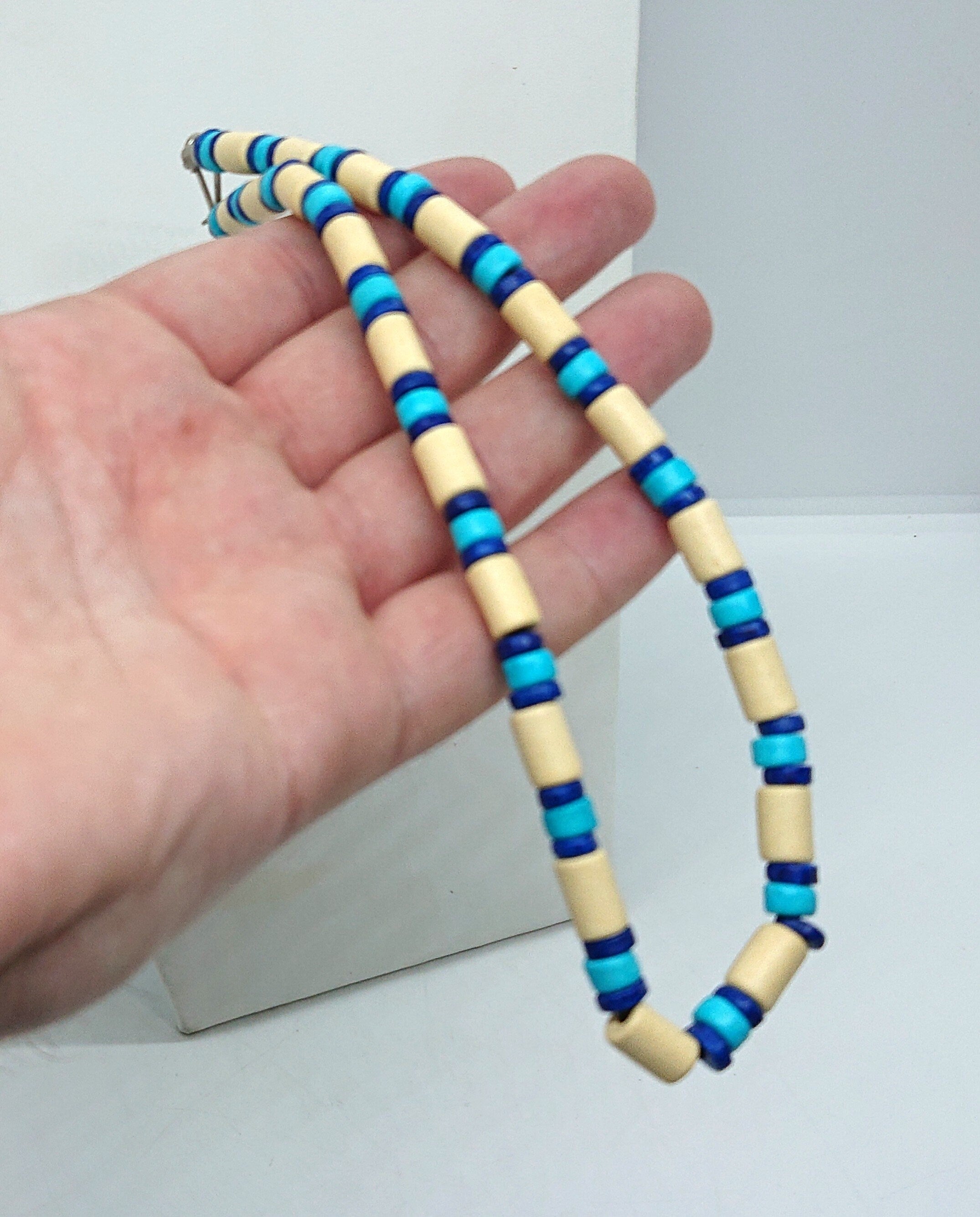 Vintage Ceramic Bead Necklace Retro Blue and White Beach Jewellery Hippie Surfer Jewelry