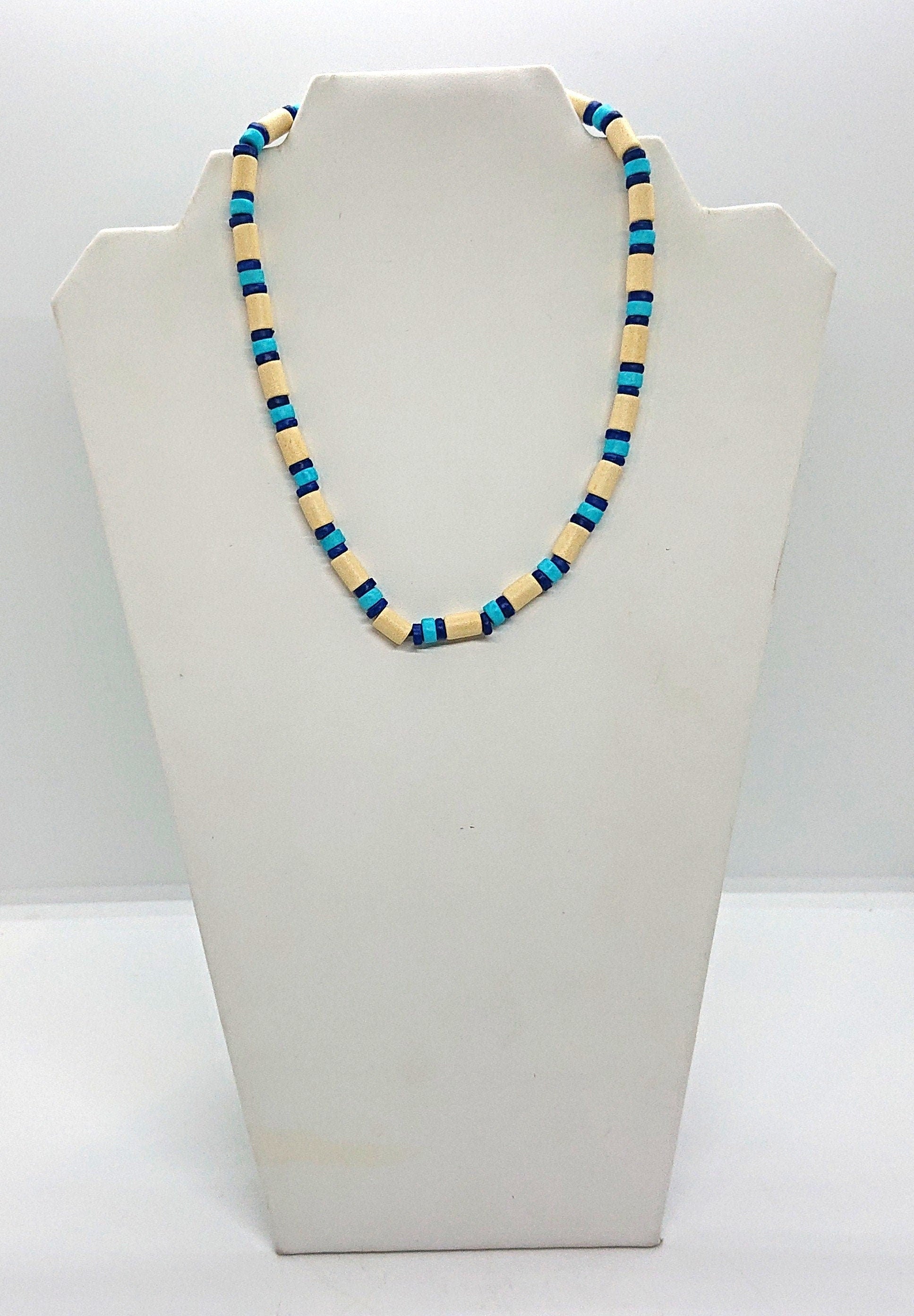 Vintage Ceramic Bead Necklace Retro Blue and White Beach Jewellery Hippie Surfer Jewelry