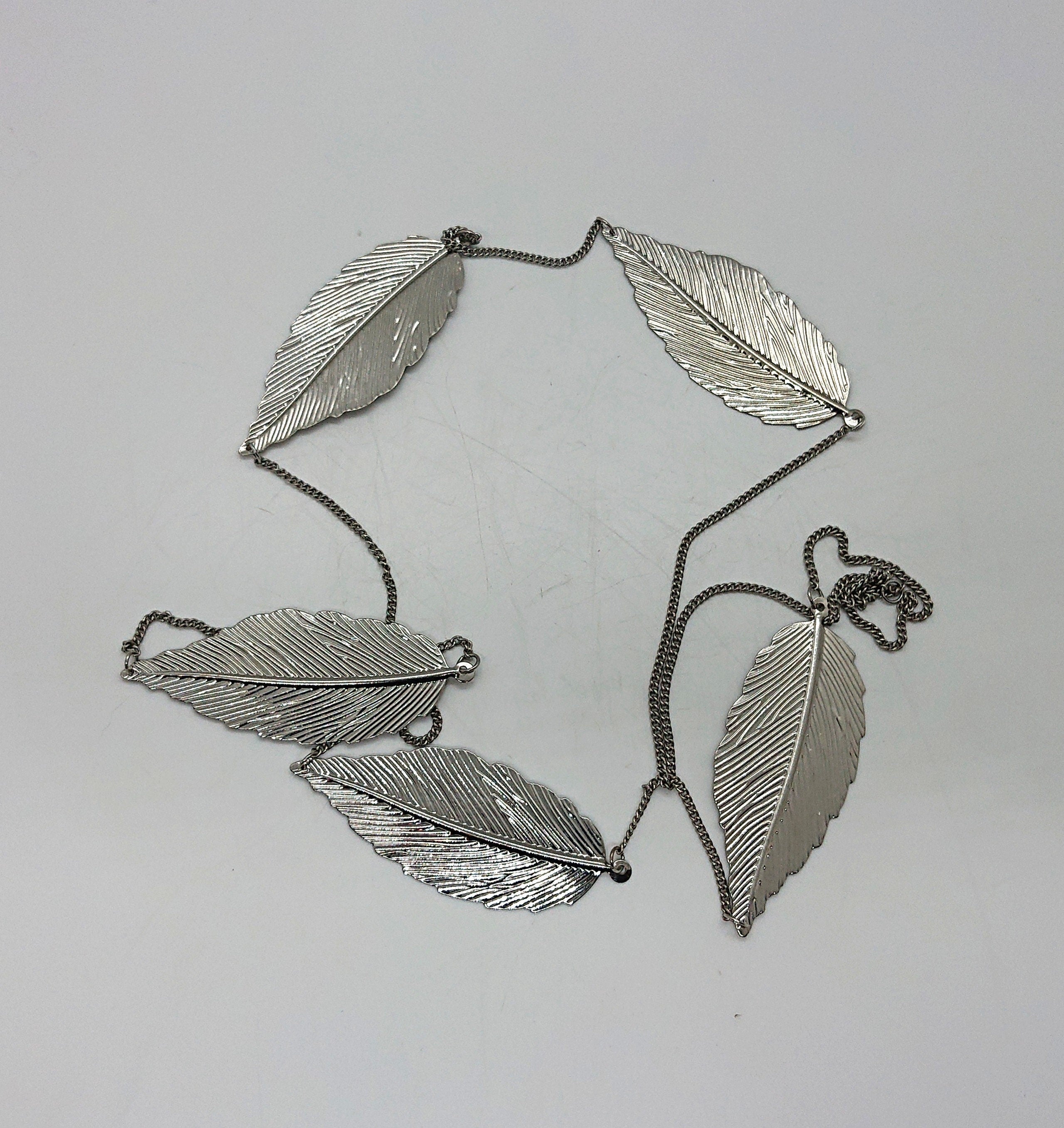 Vintage Silver Tone Leaf Necklace, Autumn Jewelry, 21 Inch