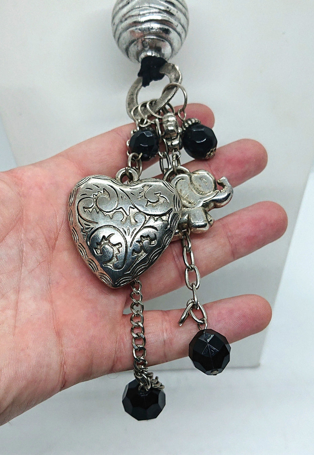 Vintage Silver Charm Necklace Heart, Flower, Elephant Charm Pendant Costume Jewellery Jewelry