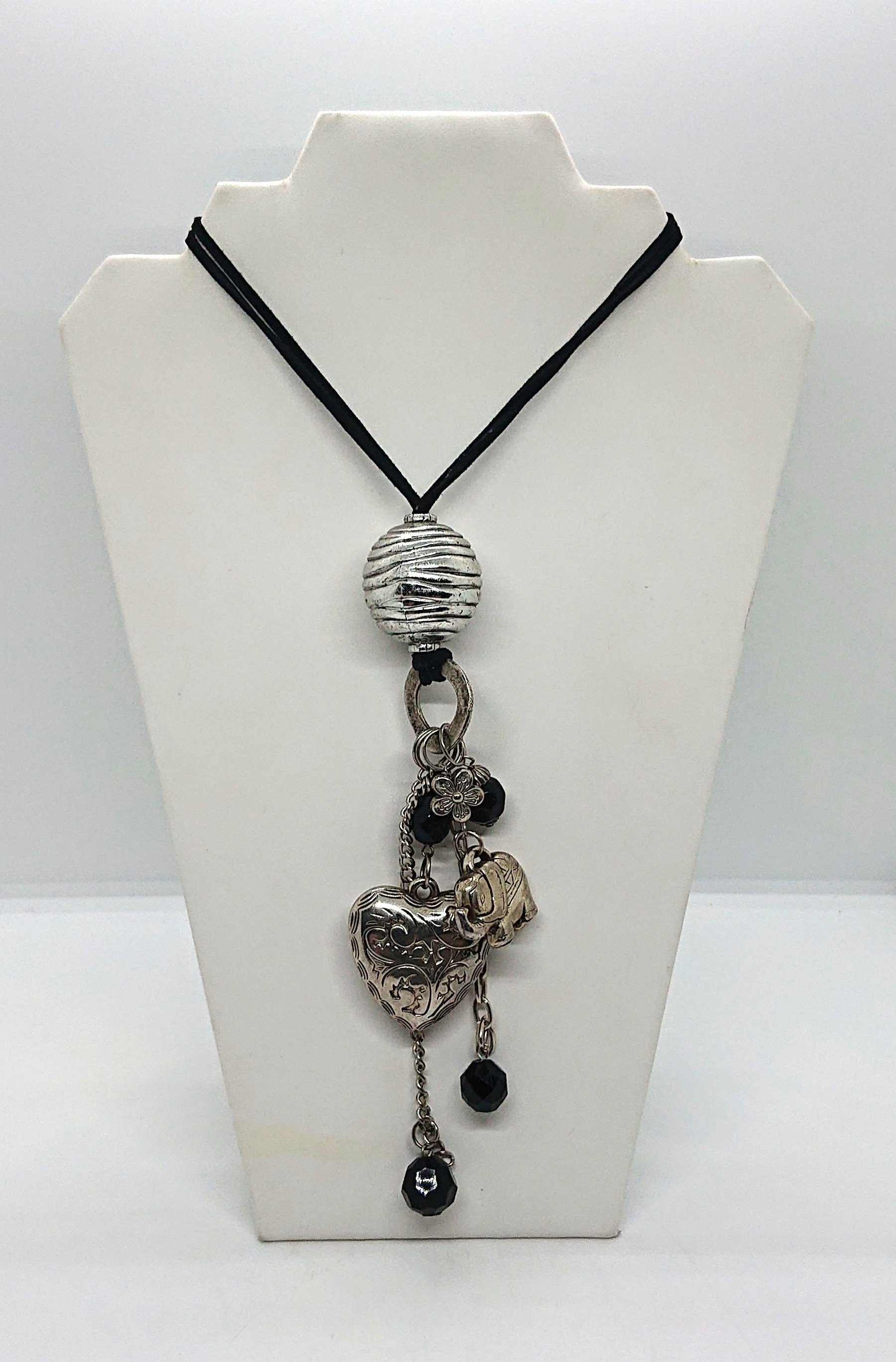 Vintage Silver Charm Necklace Heart, Flower, Elephant Charm Pendant Costume Jewellery Jewelry