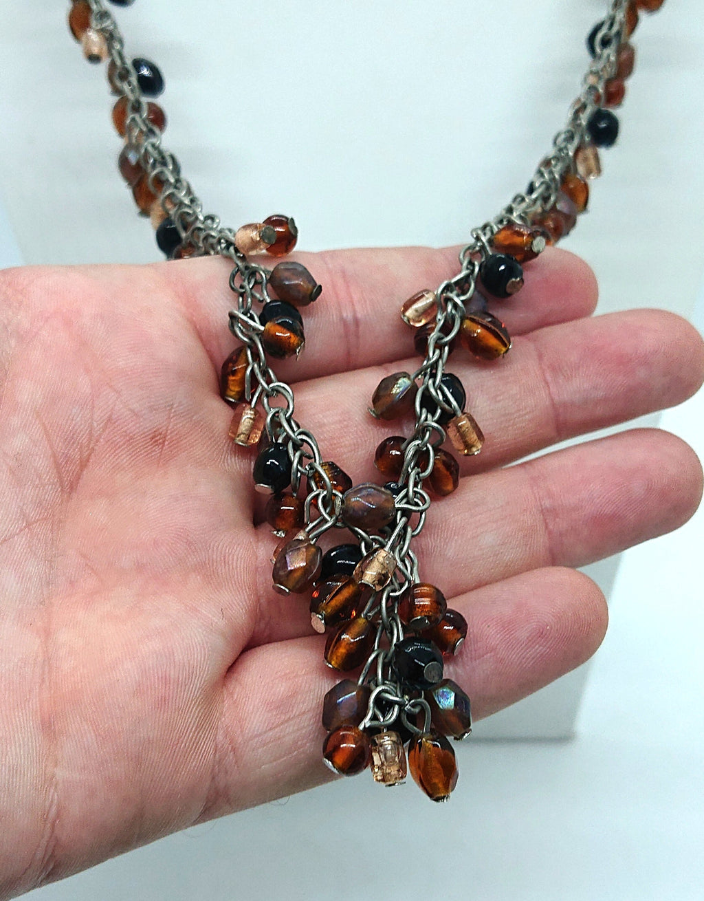 Vintage Glass Bead Necklace: Mocca Topaz & Copper Jewelry, 1940s Style