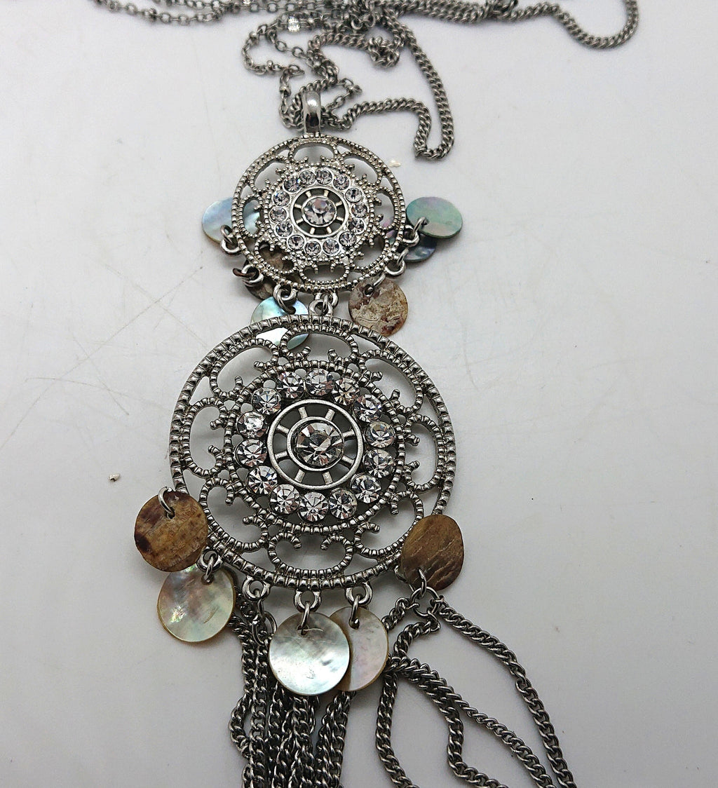 Vintage Silver Pendant Necklace Tassel Diamond Rhinestone long Chain Necklace Costume Jewellery Jewelry
