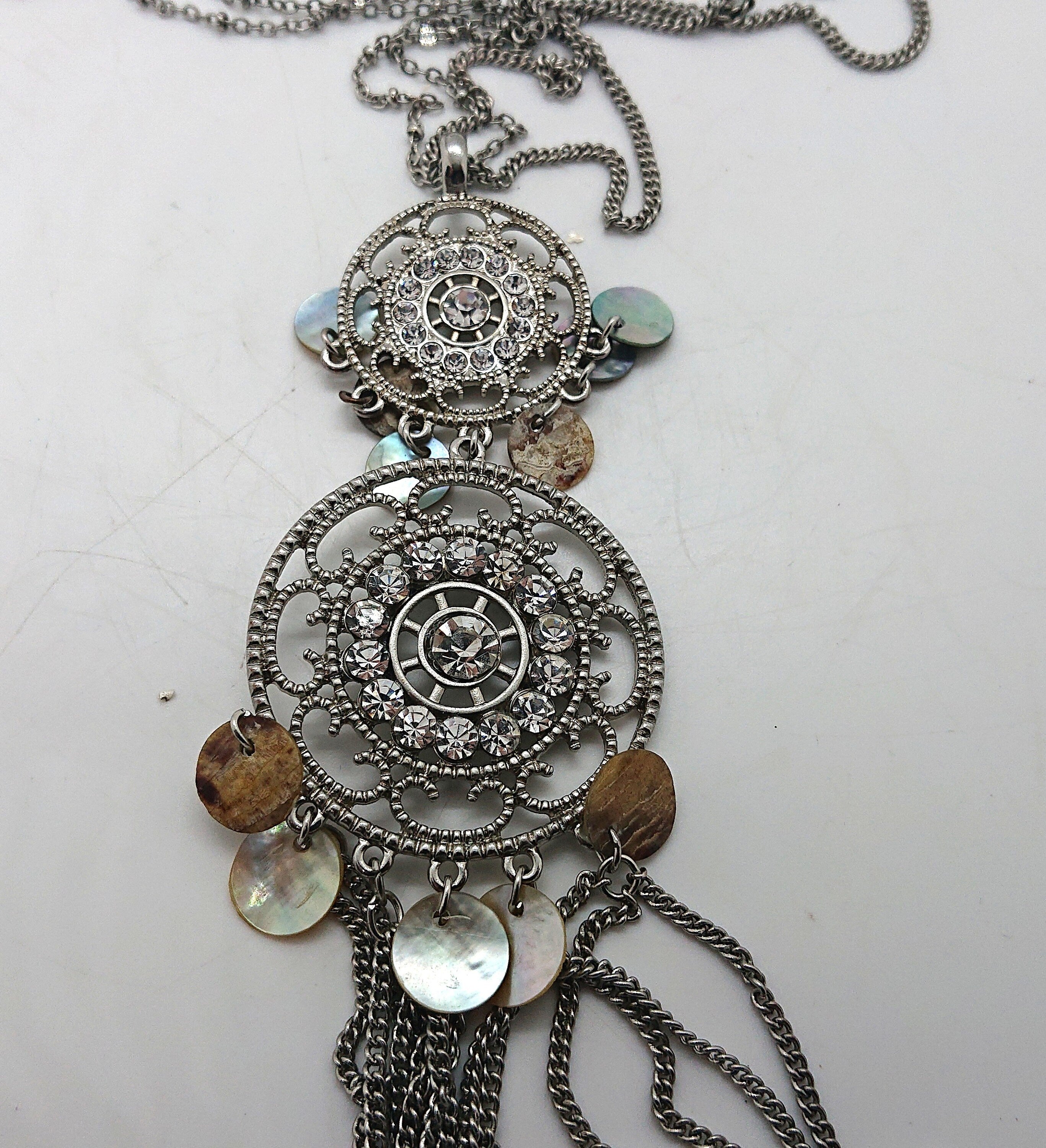 Vintage Silver Pendant Necklace Tassel Diamond Rhinestone long Chain Necklace Costume Jewellery Jewelry