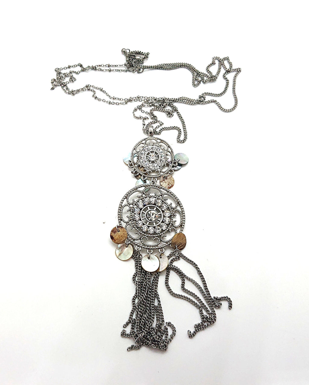 Vintage Silver Pendant Necklace Tassel Diamond Rhinestone long Chain Necklace Costume Jewellery Jewelry