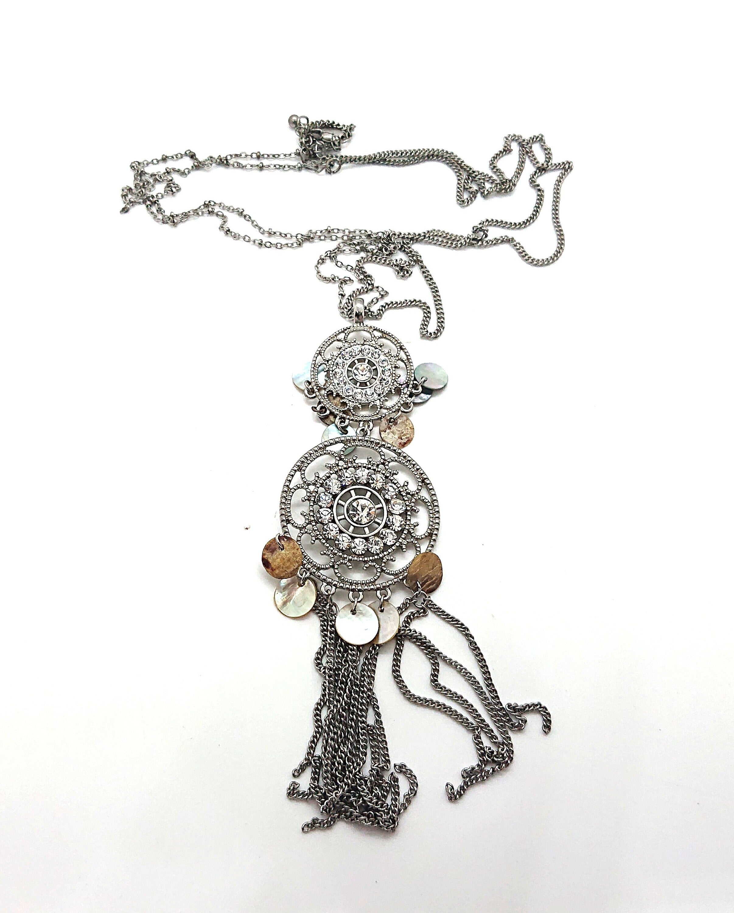 Vintage Silver Pendant Necklace Tassel Diamond Rhinestone long Chain Necklace Costume Jewellery Jewelry