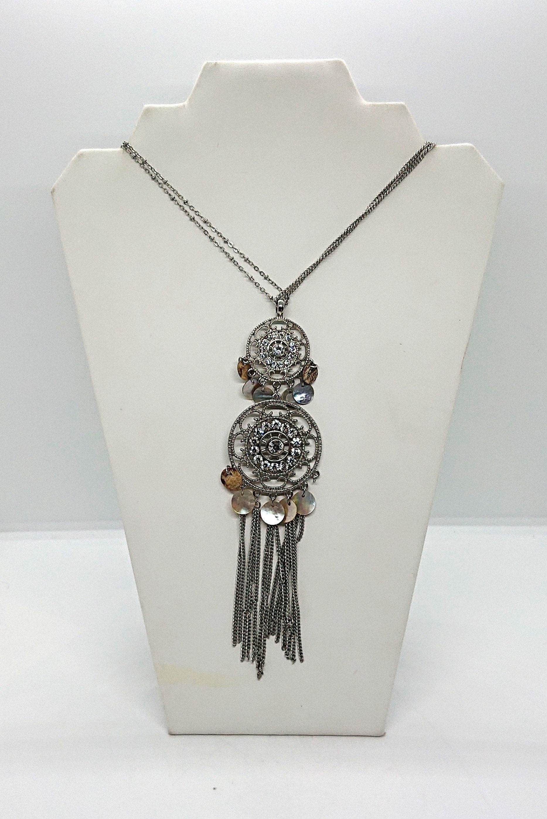 Vintage Silver Pendant Necklace Tassel Diamond Rhinestone long Chain Necklace Costume Jewellery Jewelry