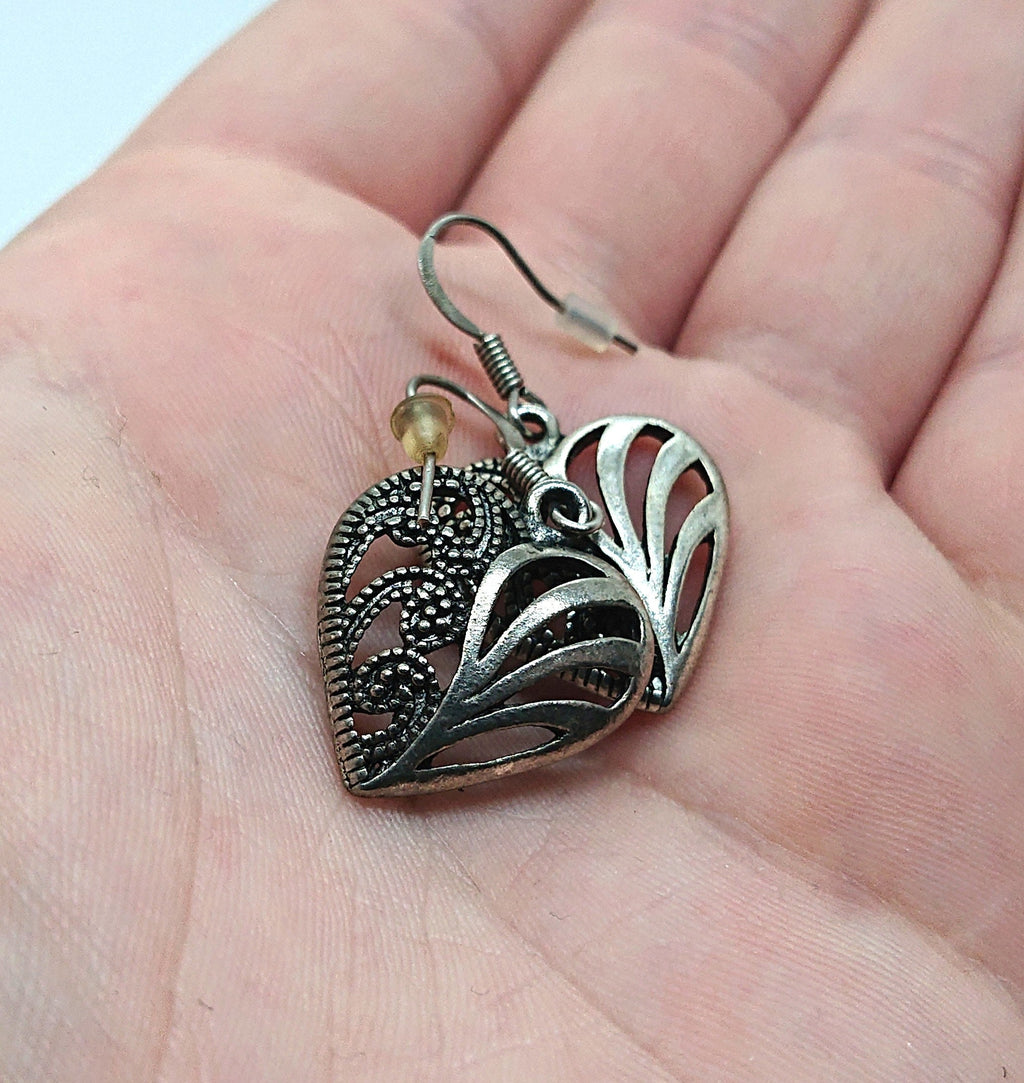 Vintage Heart Dangle Earrings, Silver Tone Costume Jewelry