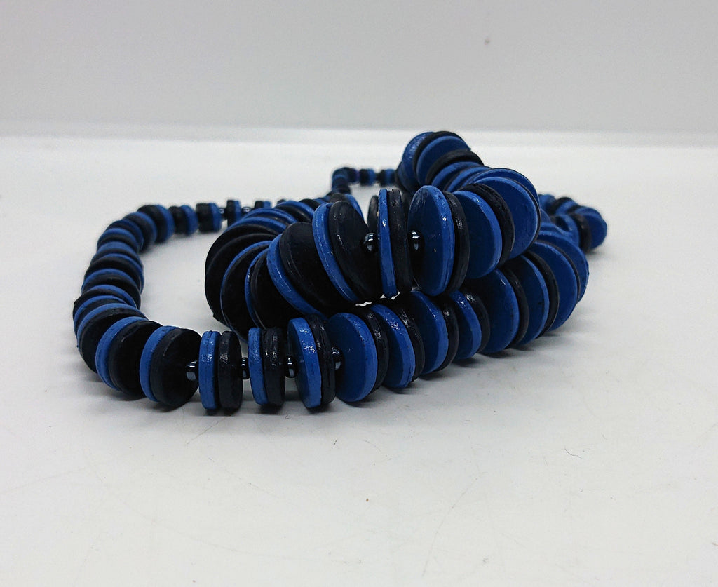 Vintage Wooden Necklace Blue Button Beads Retro Beaded Necklace Costume Jewellery Jewelry