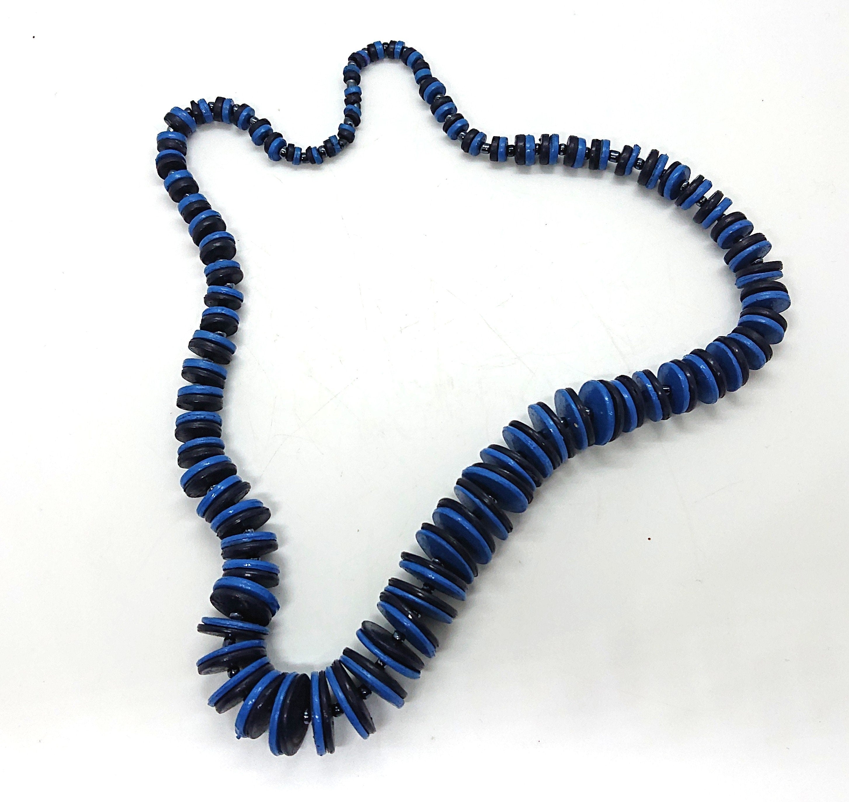 Vintage Wooden Necklace Blue Button Beads Retro Beaded Necklace Costume Jewellery Jewelry