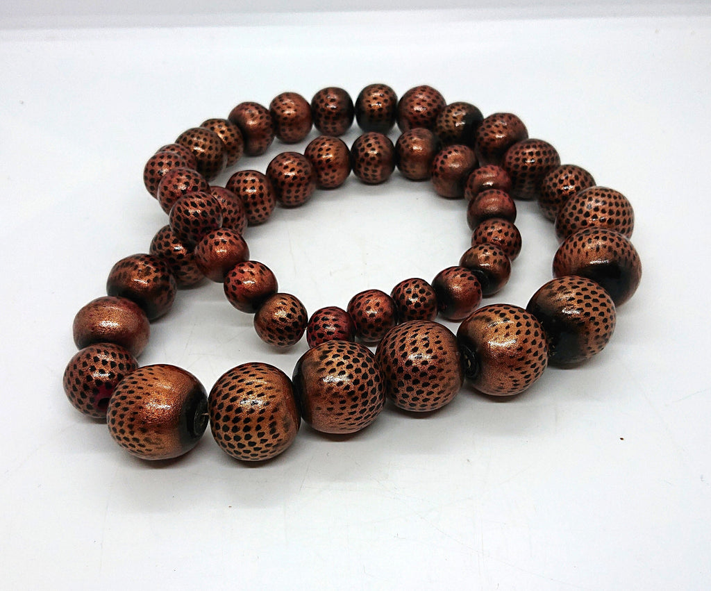 Vintage Gold Wooden Beaded Necklace, Animal Print Costume Jewelry