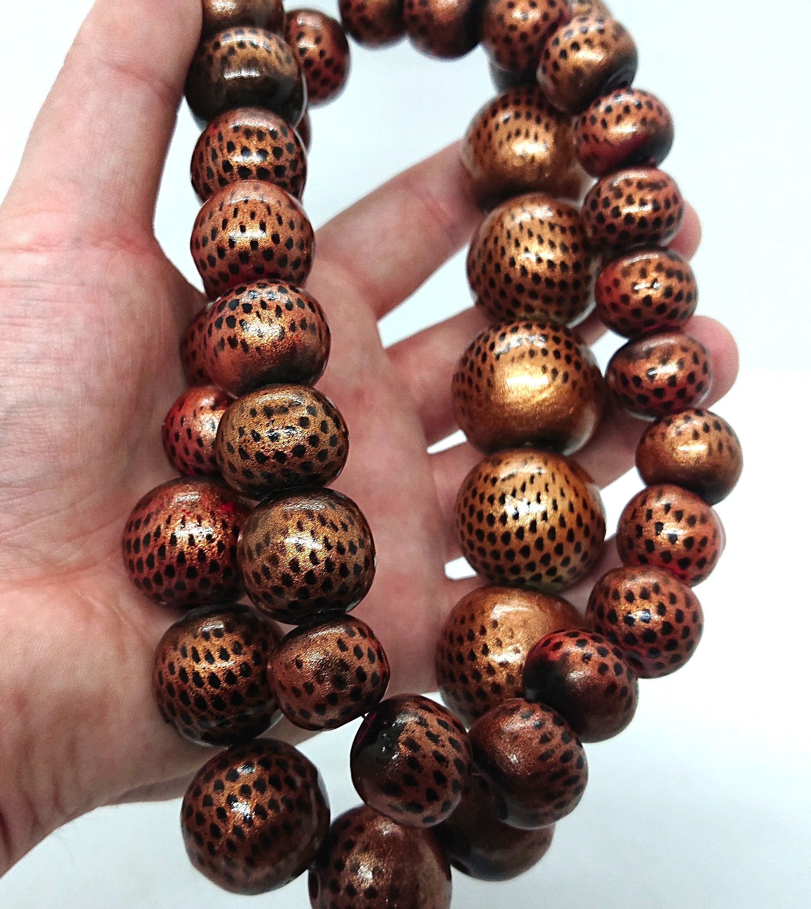 Vintage Gold Wooden Beaded Necklace, Animal Print Costume Jewelry