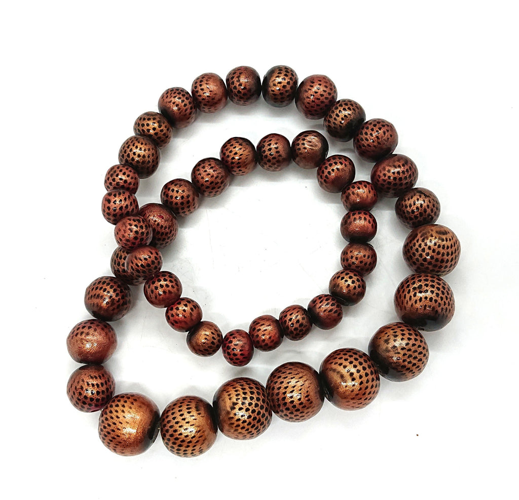 Vintage Gold Wooden Beaded Necklace, Animal Print Costume Jewelry