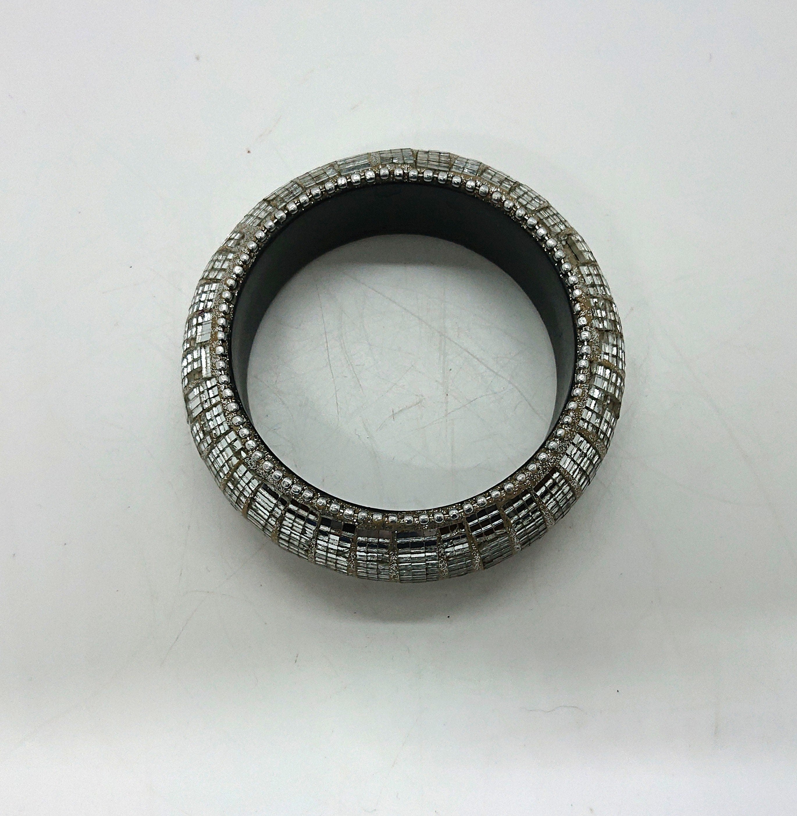 Vintage Art Glass Chunky Bangle - Silver Glamour Statement Bracelet