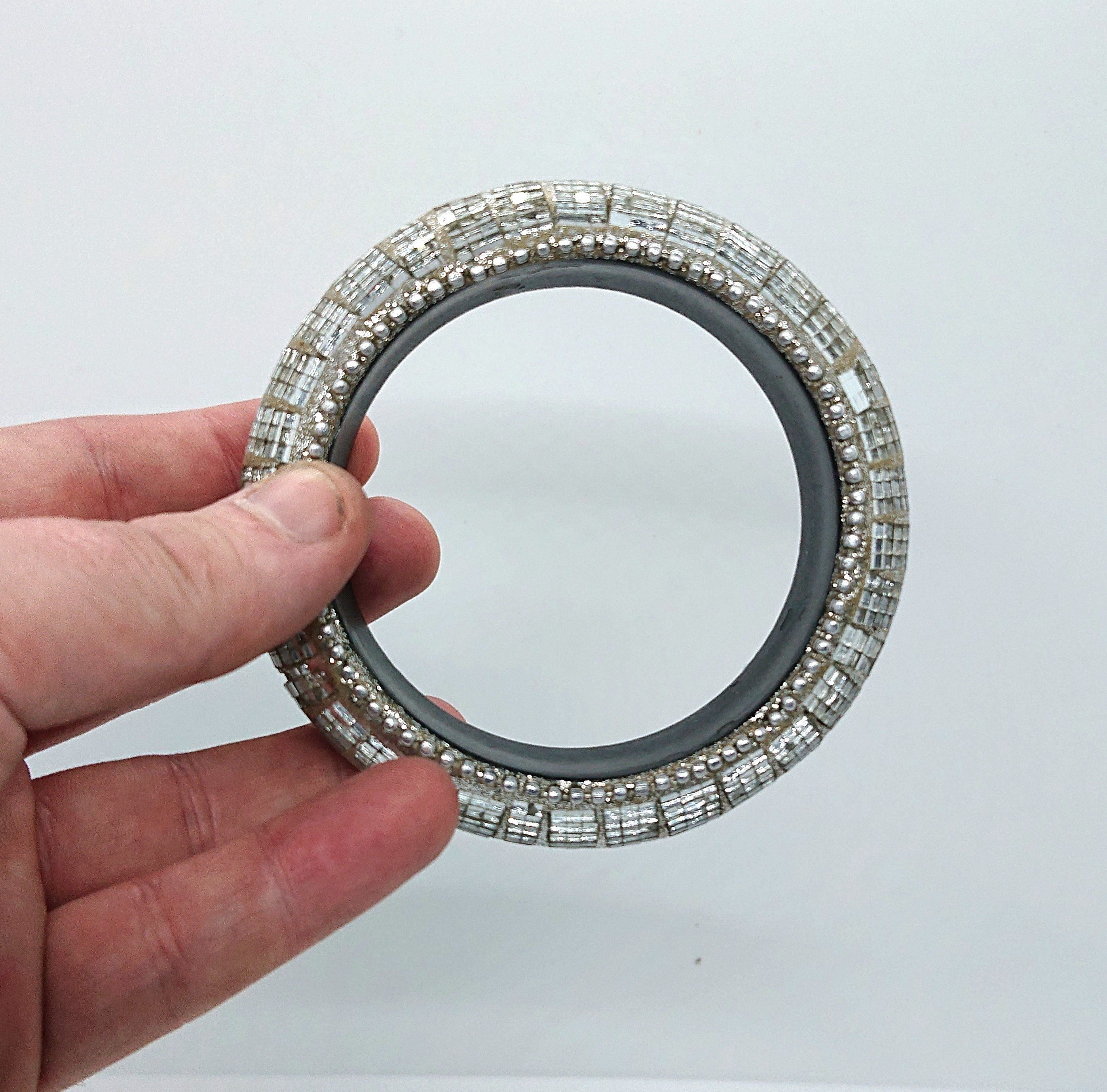 Vintage Art Glass Chunky Bangle - Silver Glamour Statement Bracelet