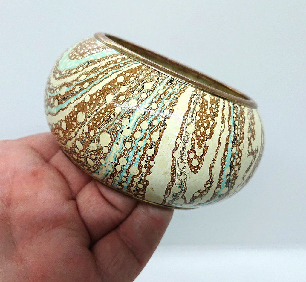 Vintage Chunky Metal Bangle, Blue White Marbled Effect
