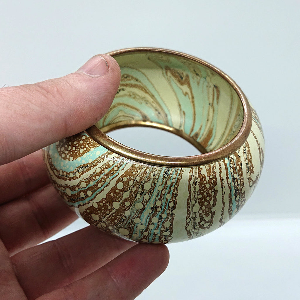 Vintage Chunky Metal Bangle, Blue White Marbled Effect