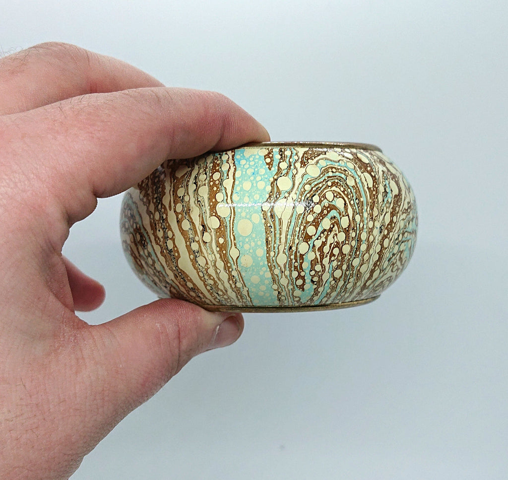 Vintage Chunky Metal Bangle, Blue White Marbled Effect