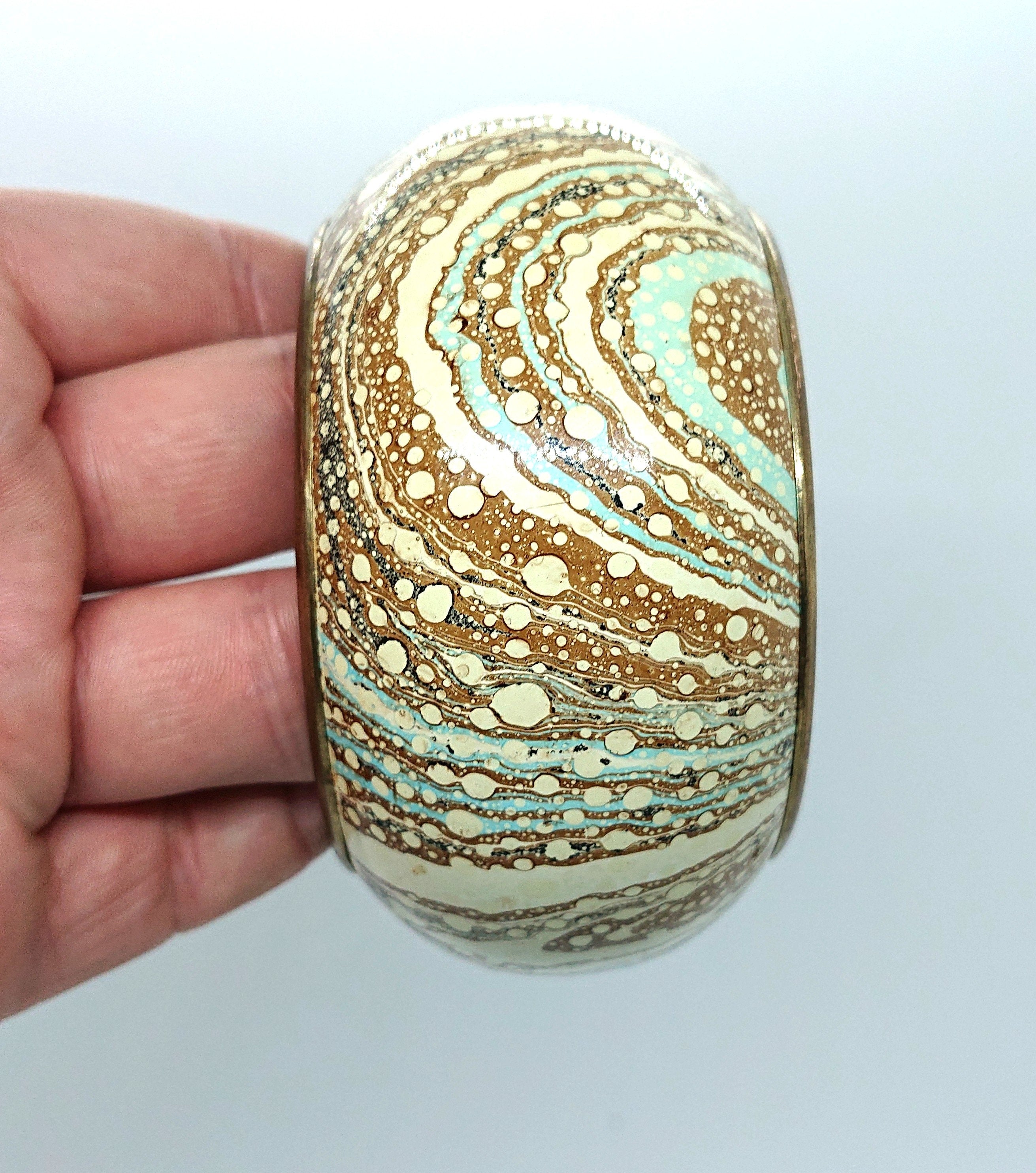 Vintage Chunky Metal Bangle, Blue White Marbled Effect