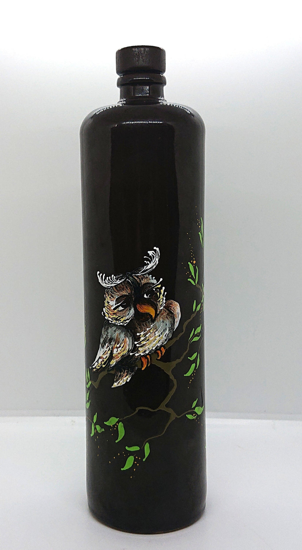 Vintage Brandy Bottle Decanter Ceramic Stoneware Hand Painted Owl Bottle Brown