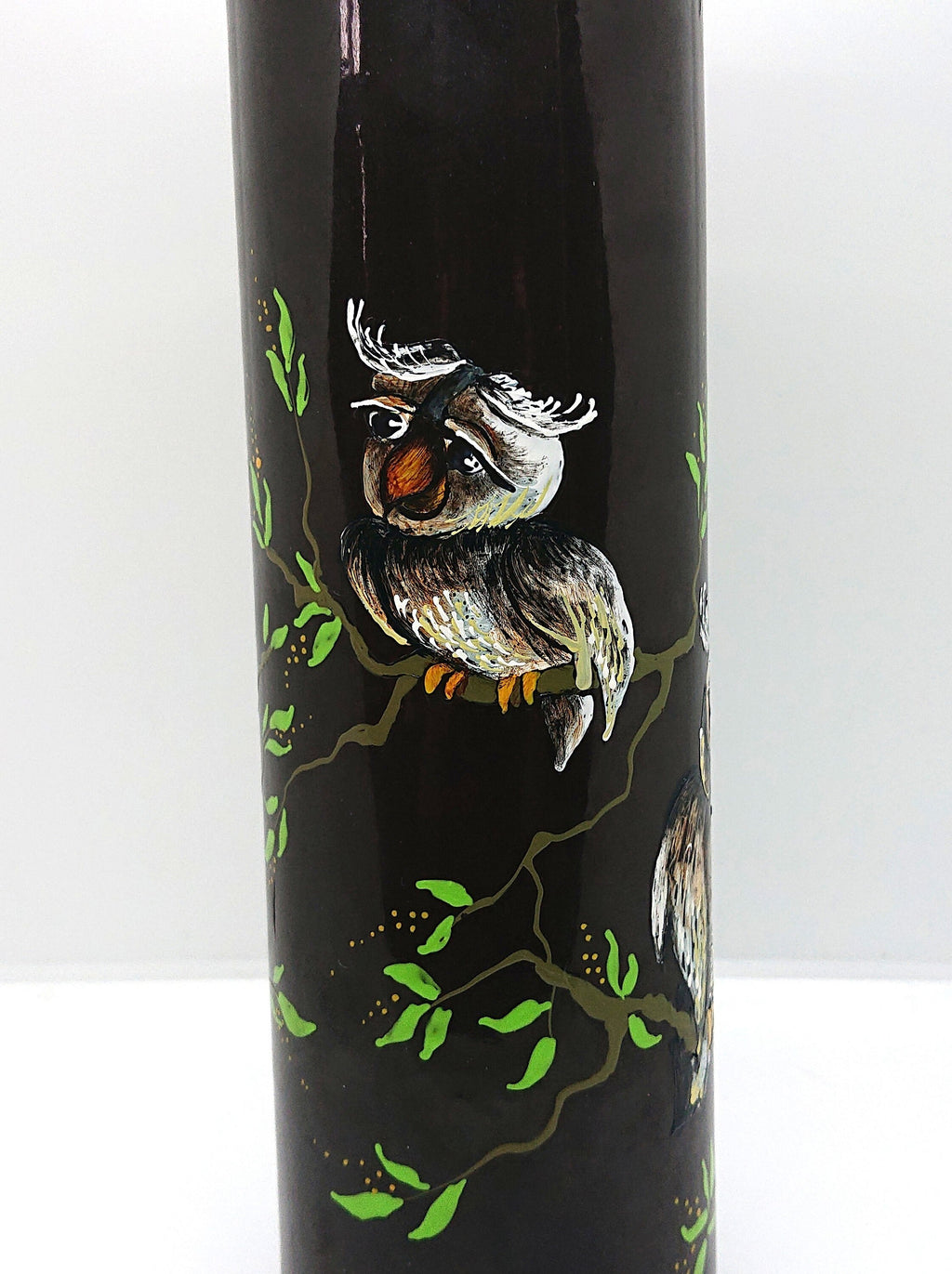 Vintage Brandy Bottle Decanter Ceramic Stoneware Hand Painted Owl Bottle Brown