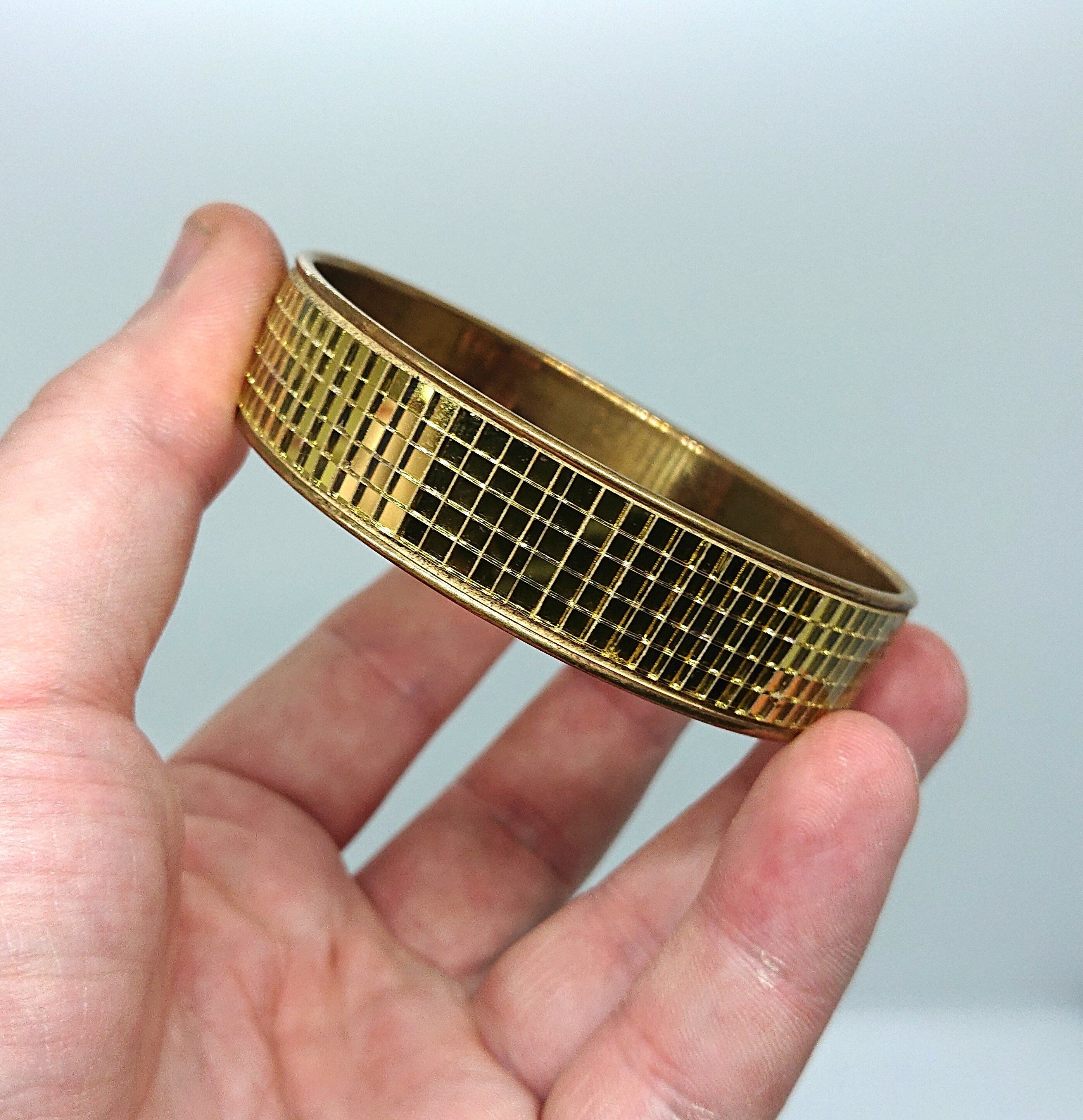 Vintage Gold Bangle Sparkly Clear Mosaic Glass Bangle 70's Retro Costume Jewellery Jewelry
