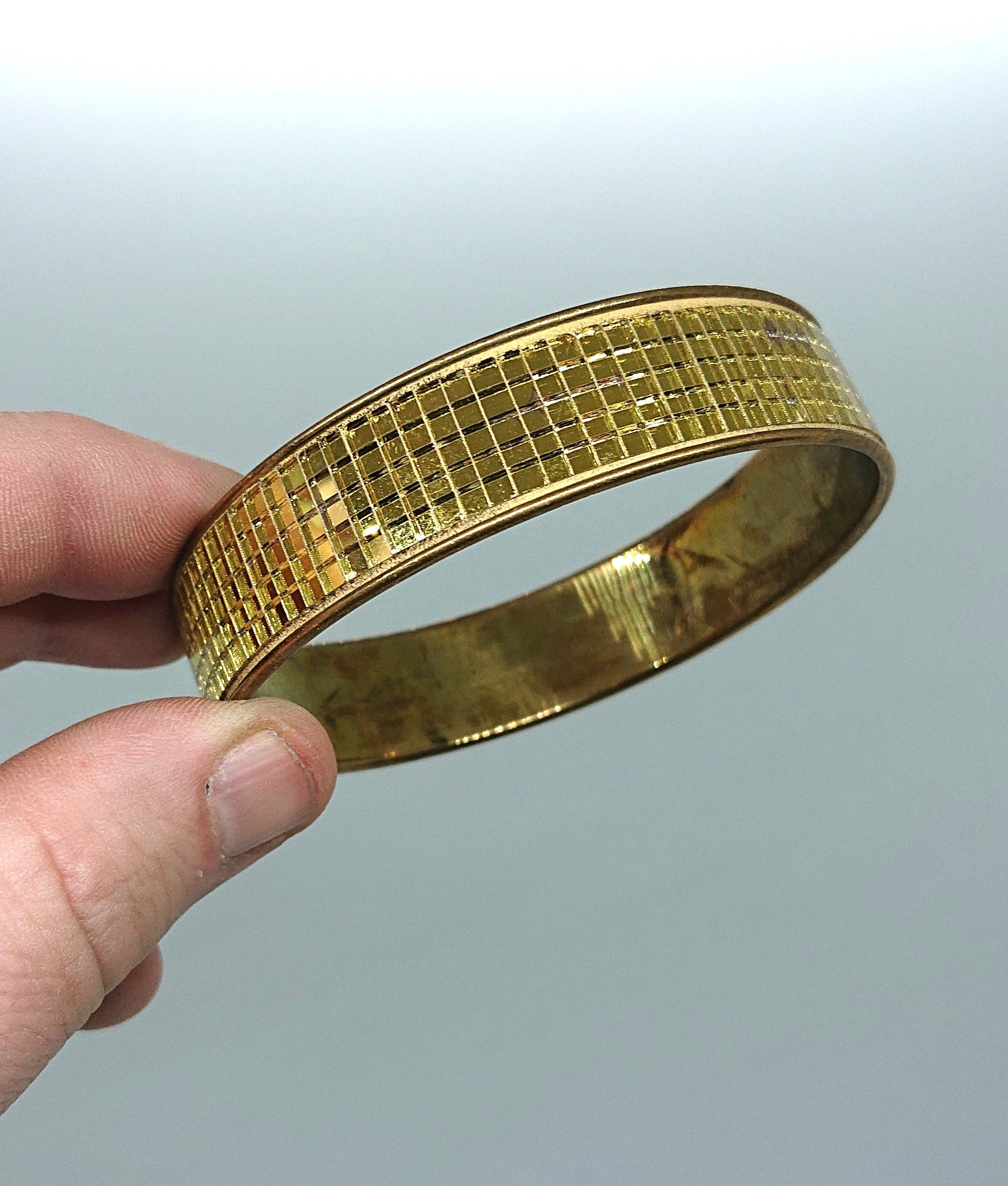 Vintage Gold Bangle Sparkly Clear Mosaic Glass Bangle 70's Retro Costume Jewellery Jewelry