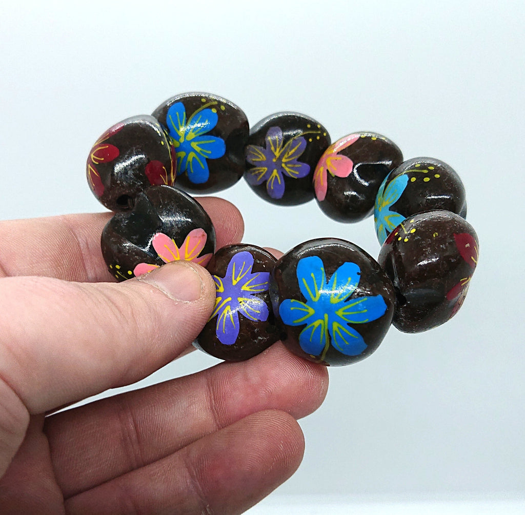 Vintage Wooden Chunky Floral Heart Link Bangle Boho Bohemian Beaded Natural Wood Costume Jewellery Jewelry Hippie