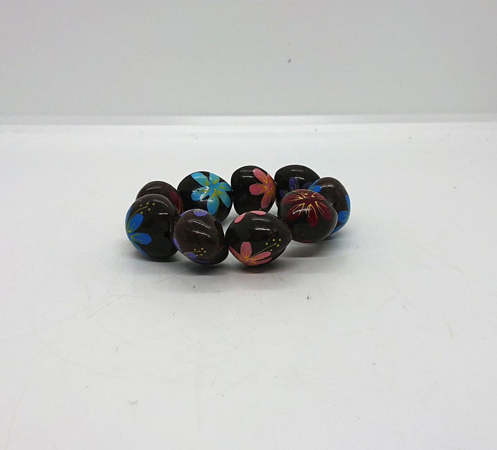 Vintage Wooden Chunky Floral Heart Link Bangle Boho Bohemian Beaded Natural Wood Costume Jewellery Jewelry Hippie