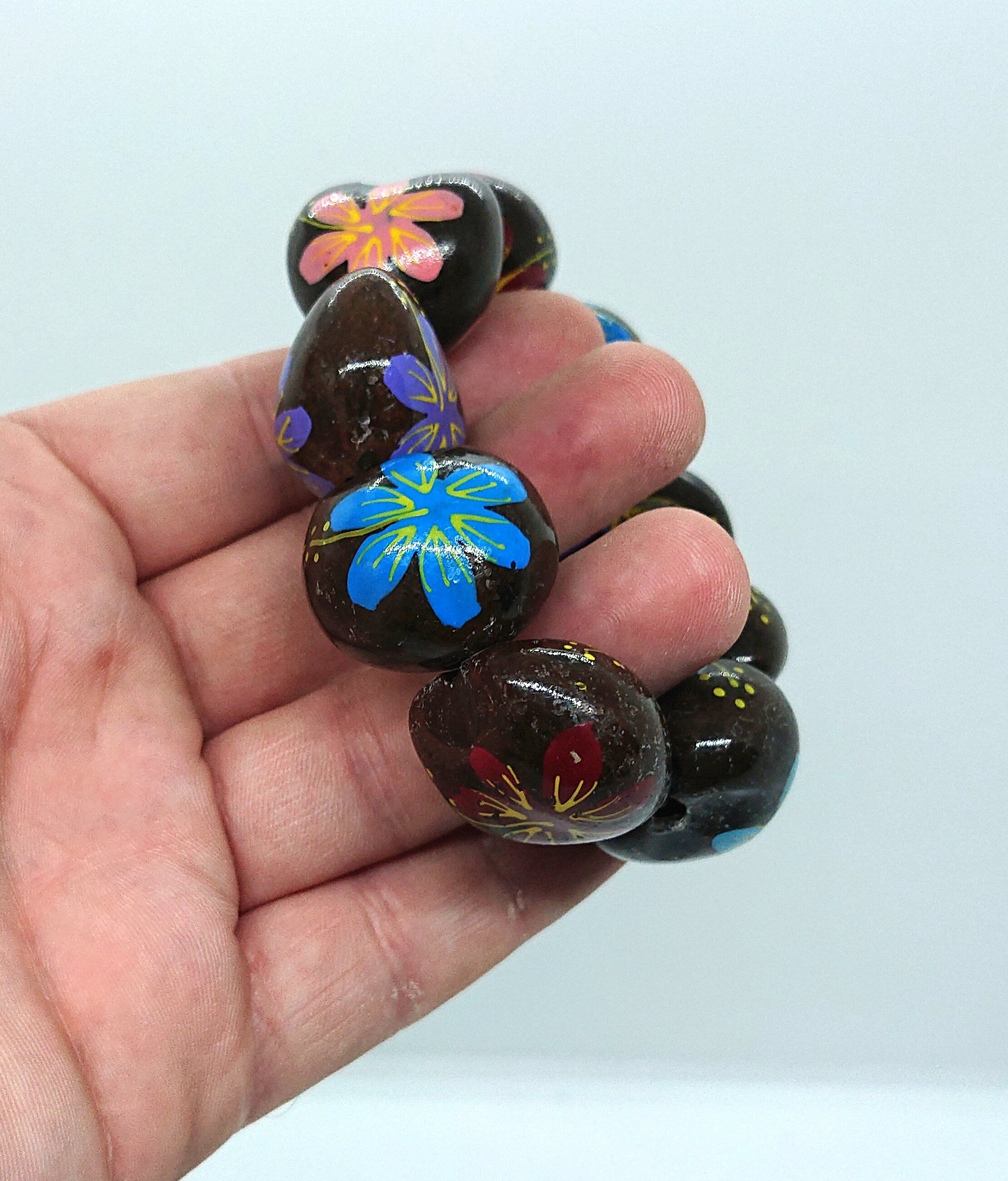 Vintage Wooden Chunky Floral Heart Link Bangle Boho Bohemian Beaded Natural Wood Costume Jewellery Jewelry Hippie